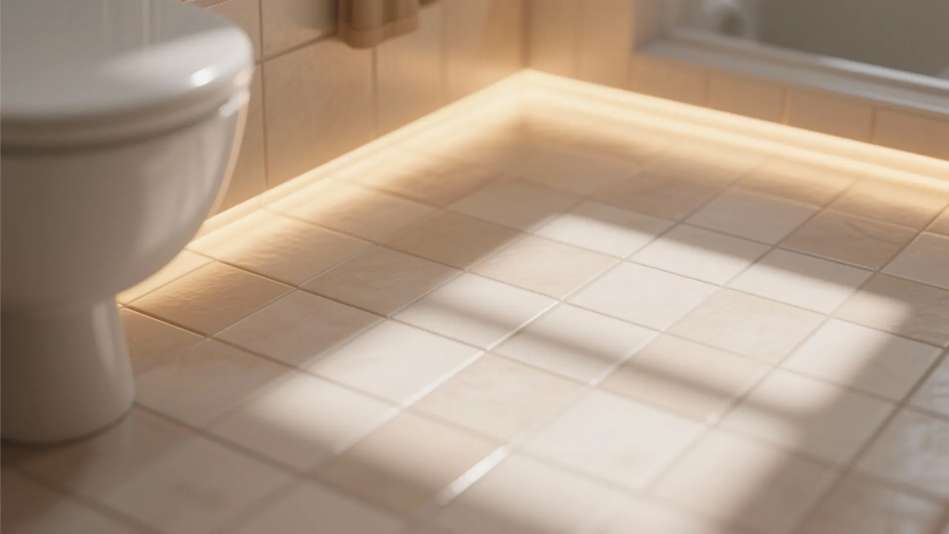 Close up of beige bathroom floor tiles with warm hidden light strips near a white