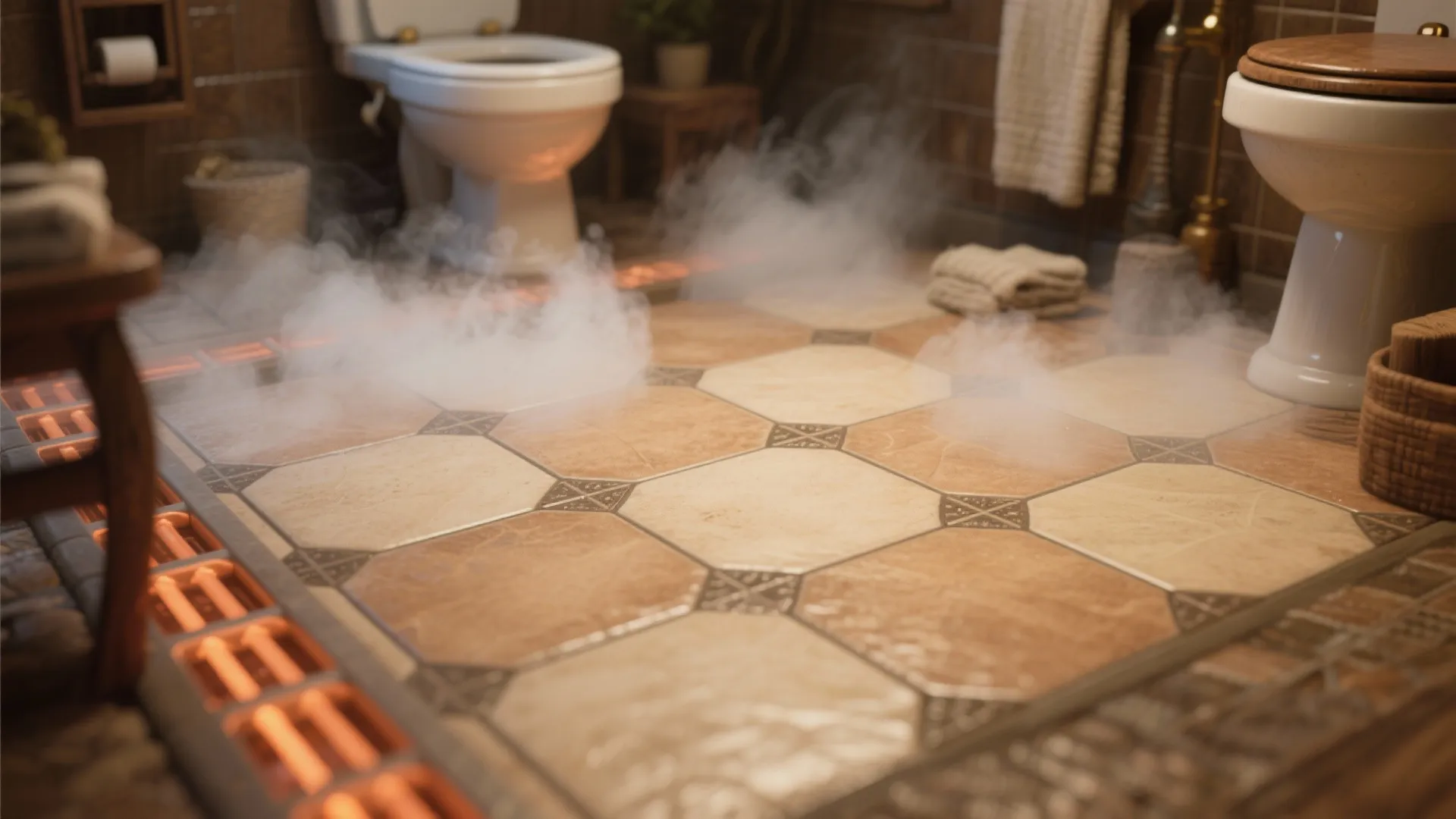Bathroom floor heating system showing warm steam rising from patterned tiles next to white toilet