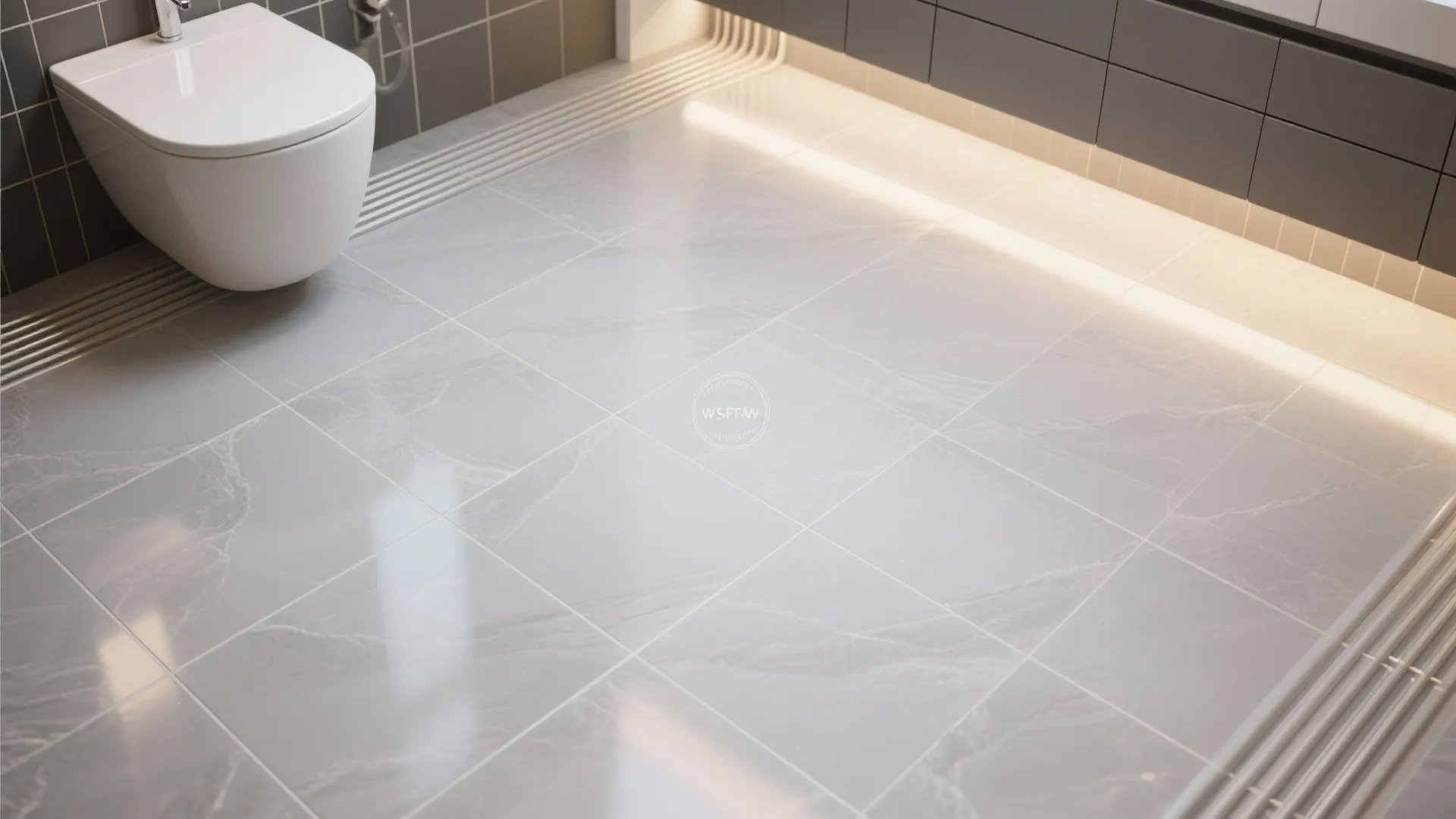 Modern bathroom with grey marble floor tiles white toilet wall light and dark grey wall cabinet