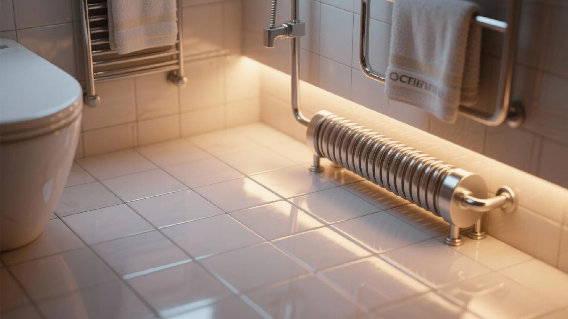 Porcelain heated floor detail and chrome heated towel rail in a spa-style bathroom.