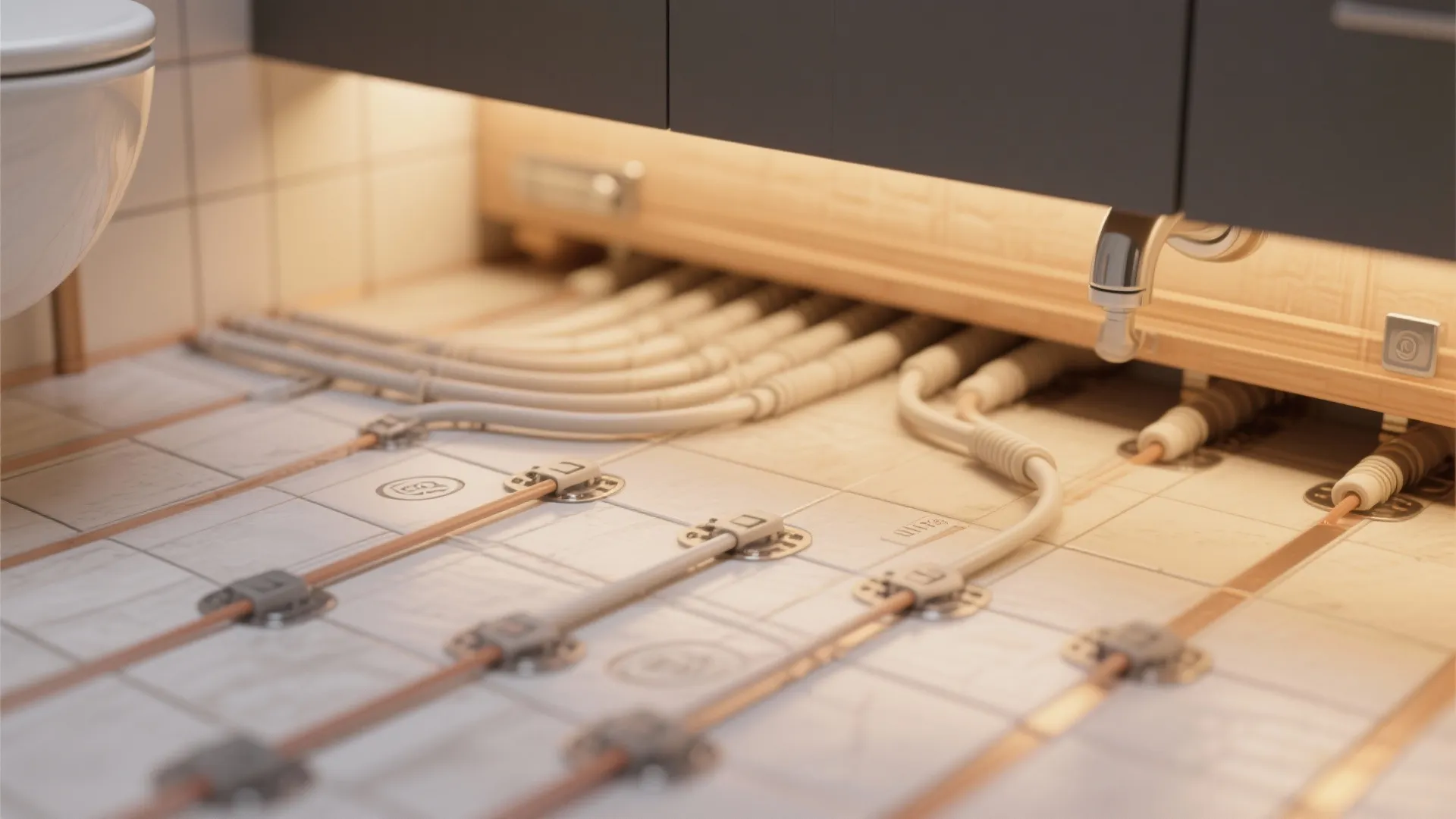 Detailed view of floor heating pipes installed under a bathroom cabinet with warm yellow light