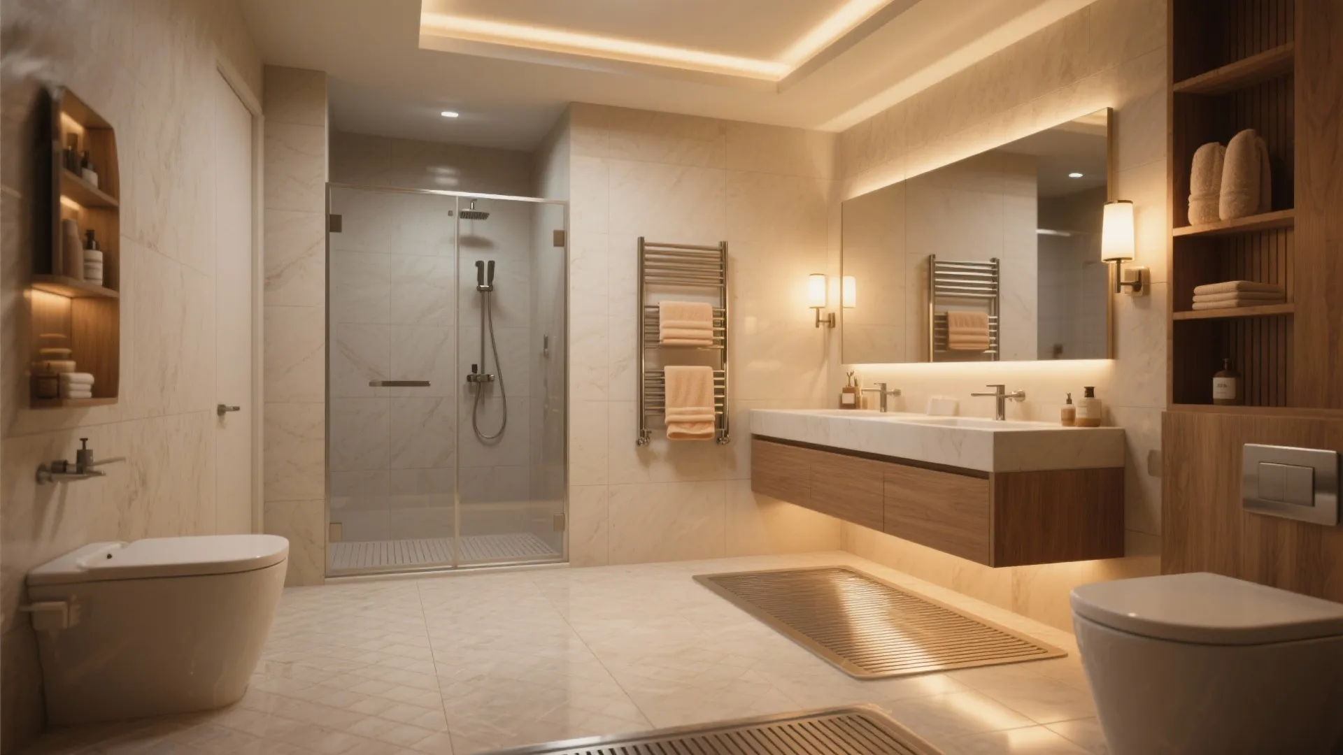 5. Heated floors, towel warmers, and layered lighting