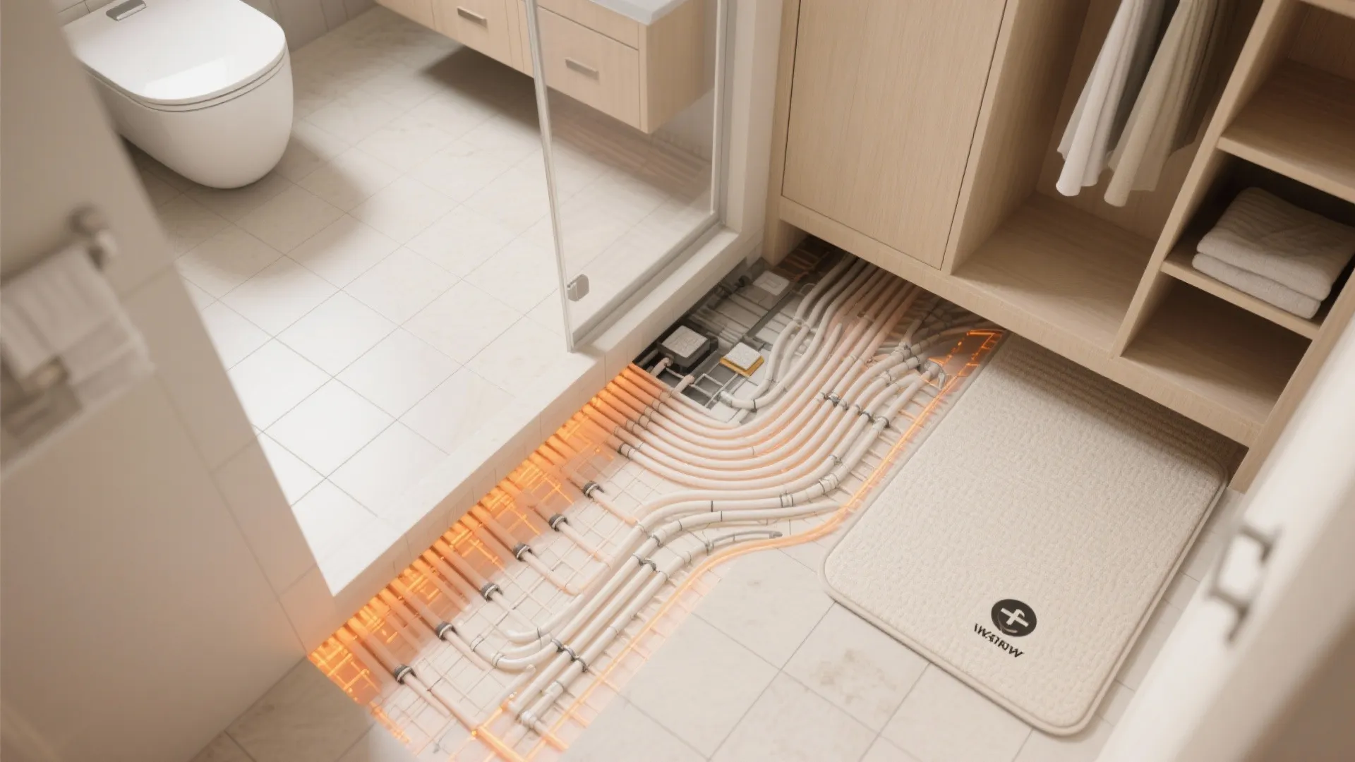 Interior design drawing showing floor heating pipes installed under bathroom tiles and wooden storage cabinet