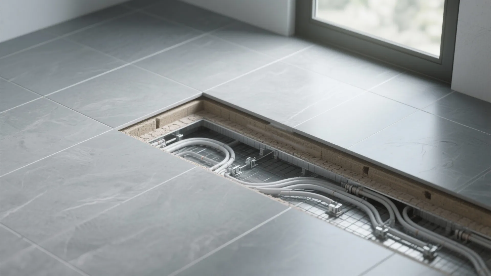 Cross section of floor heating system pipes installed under large gray tiles near a window
