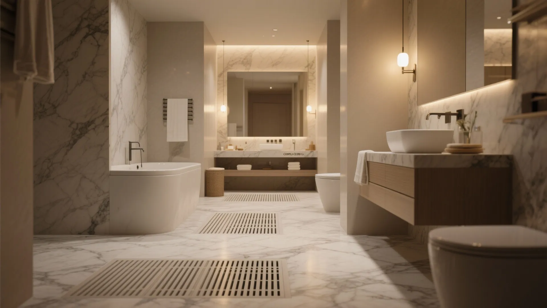 Luxury bathroom interior showing marble floor with metal vents plus bathtub and a wooden cabinet