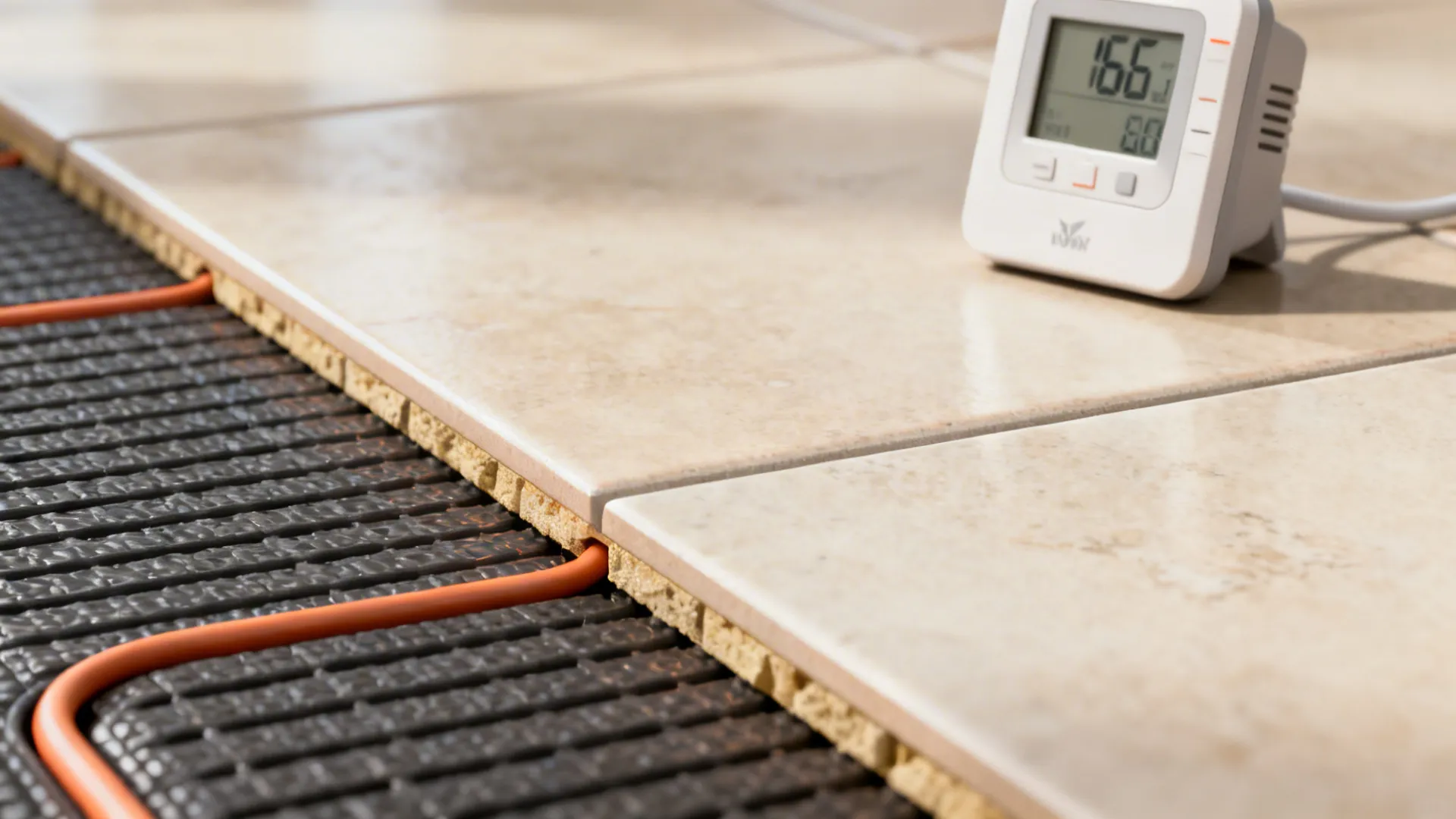 Close-up of thermostat and electric underfloor heating mat beside ceramic tiles for bathroom comfort.