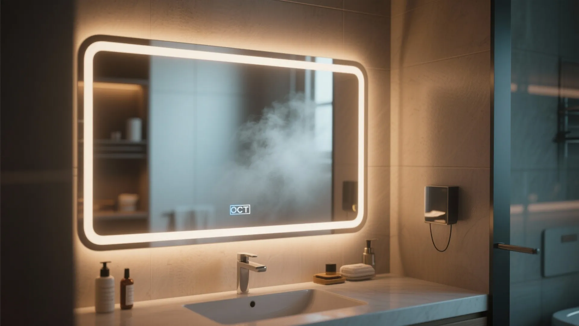 Heated anti-fog mirror in a compact powder room keeping the surface clear