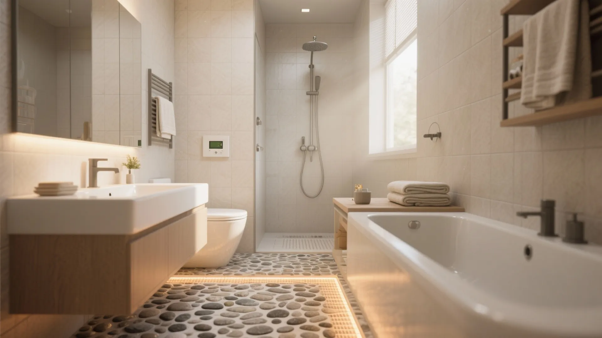Bright bathroom interior featuring heated pebble stone flooring, white bathtub, wood cabinet, and glass shower