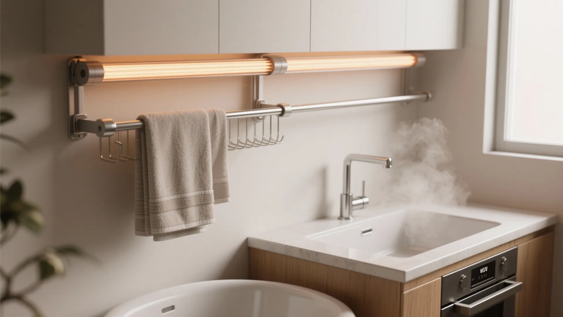 5. Heated rail or kitchen-style pull-down rack