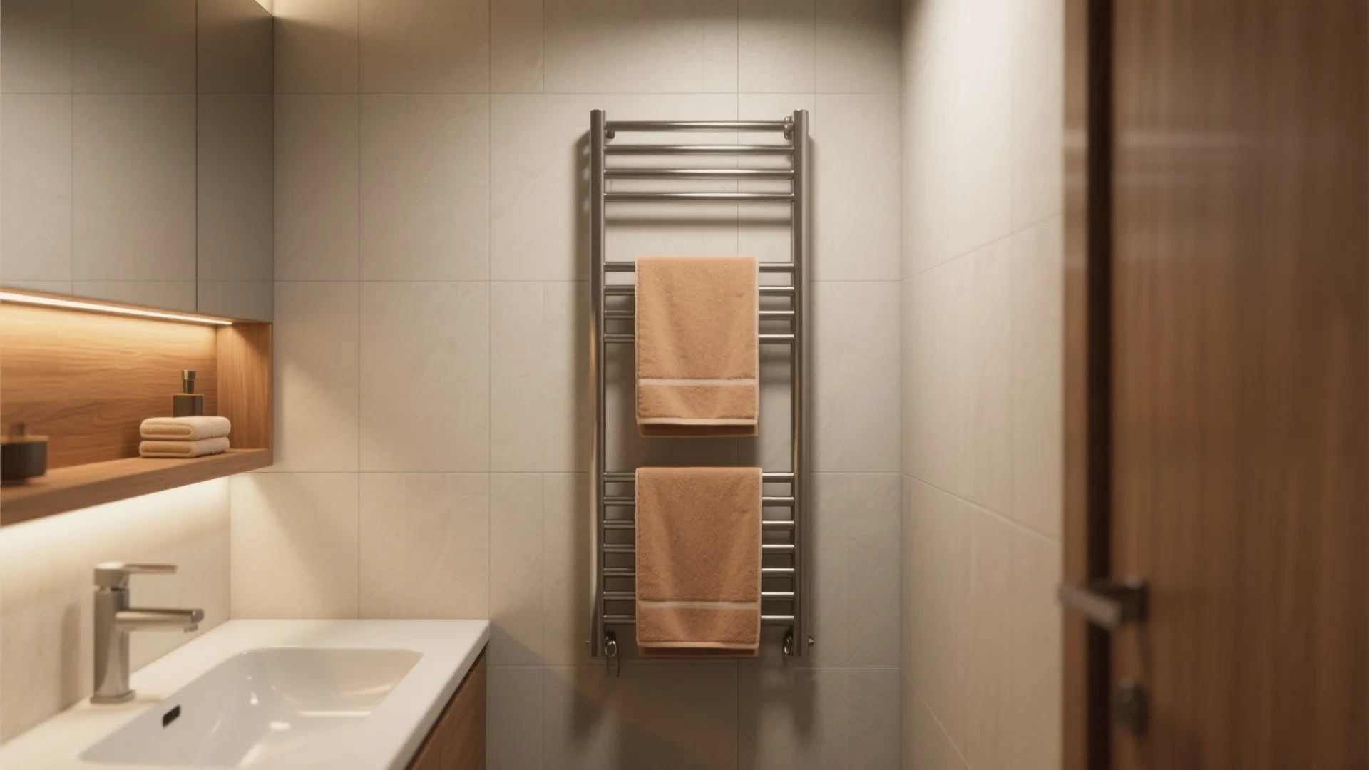 Modern bathroom interior design drawing featuring silver metal wall towel rack and white sink basin