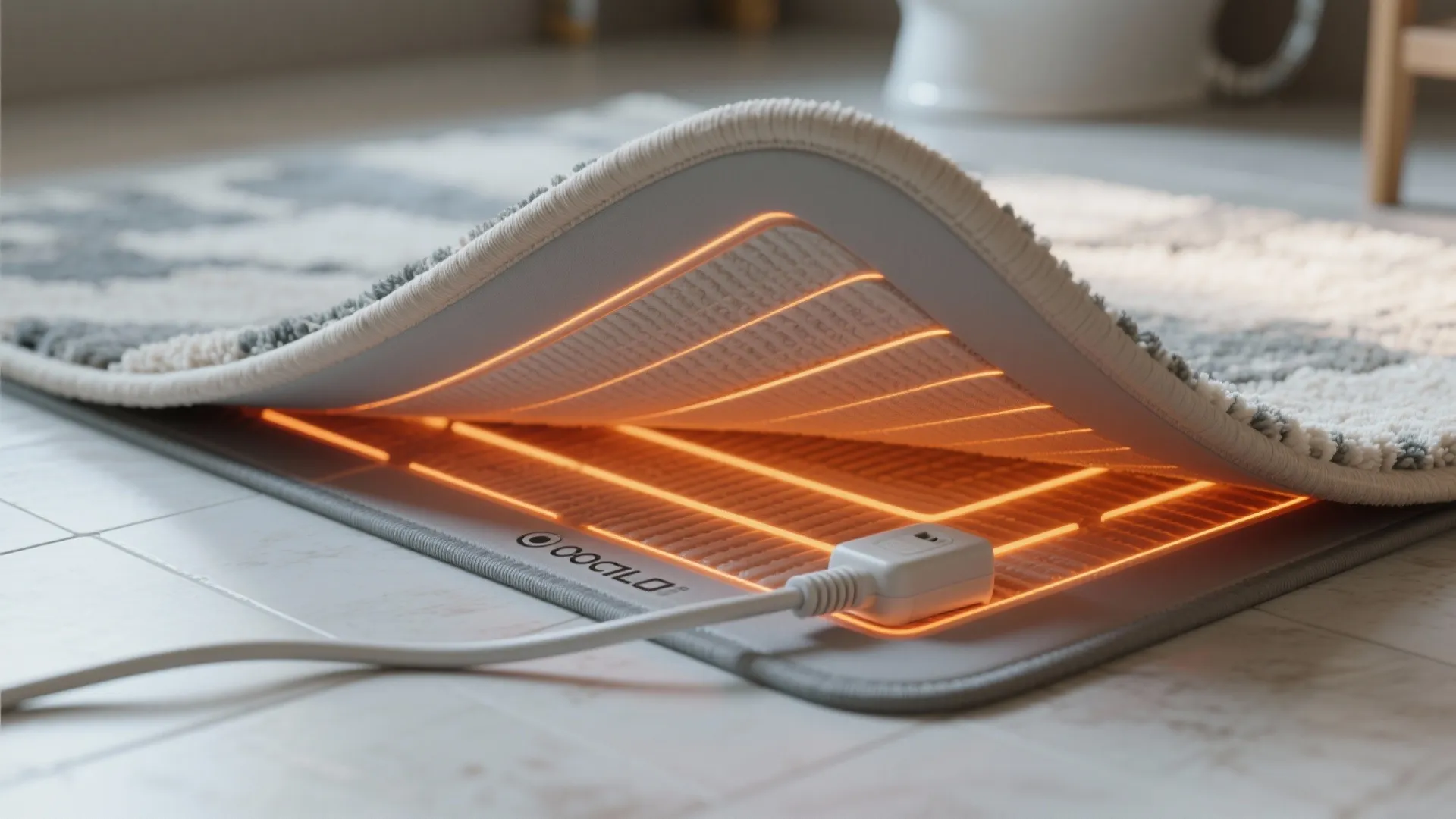 Electric heated rug pad under a grey carpet with glowing orange heating elements on white tiles