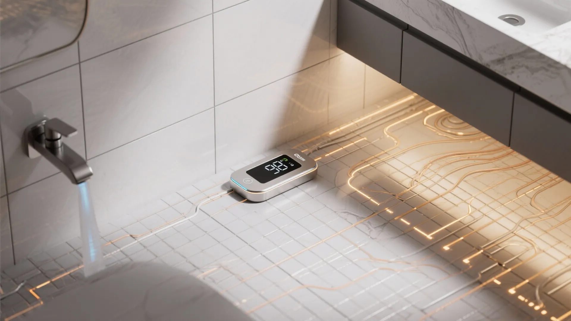 Bathroom floor detail with digital temperature display and glowing yellow underfloor heating system wire lines