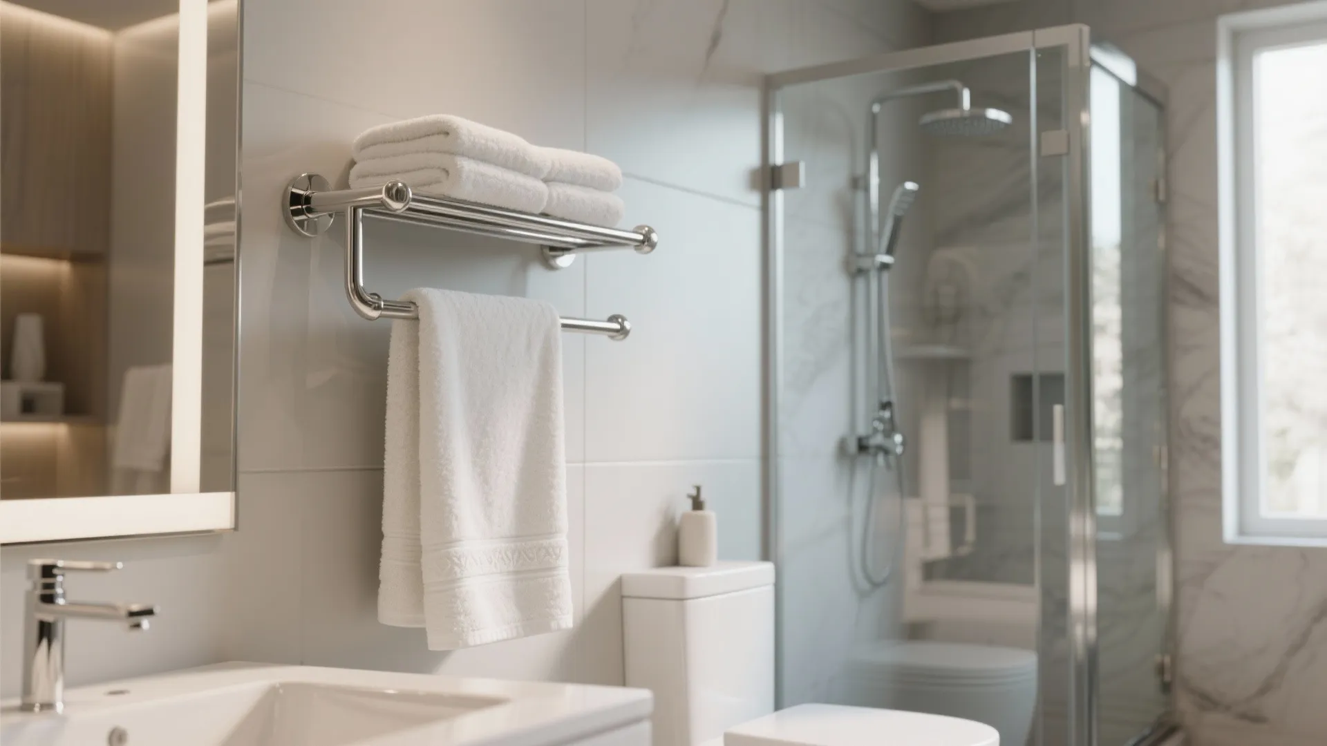 Bright bathroom interior with chrome metal towel bar holding white towels next to glass shower door