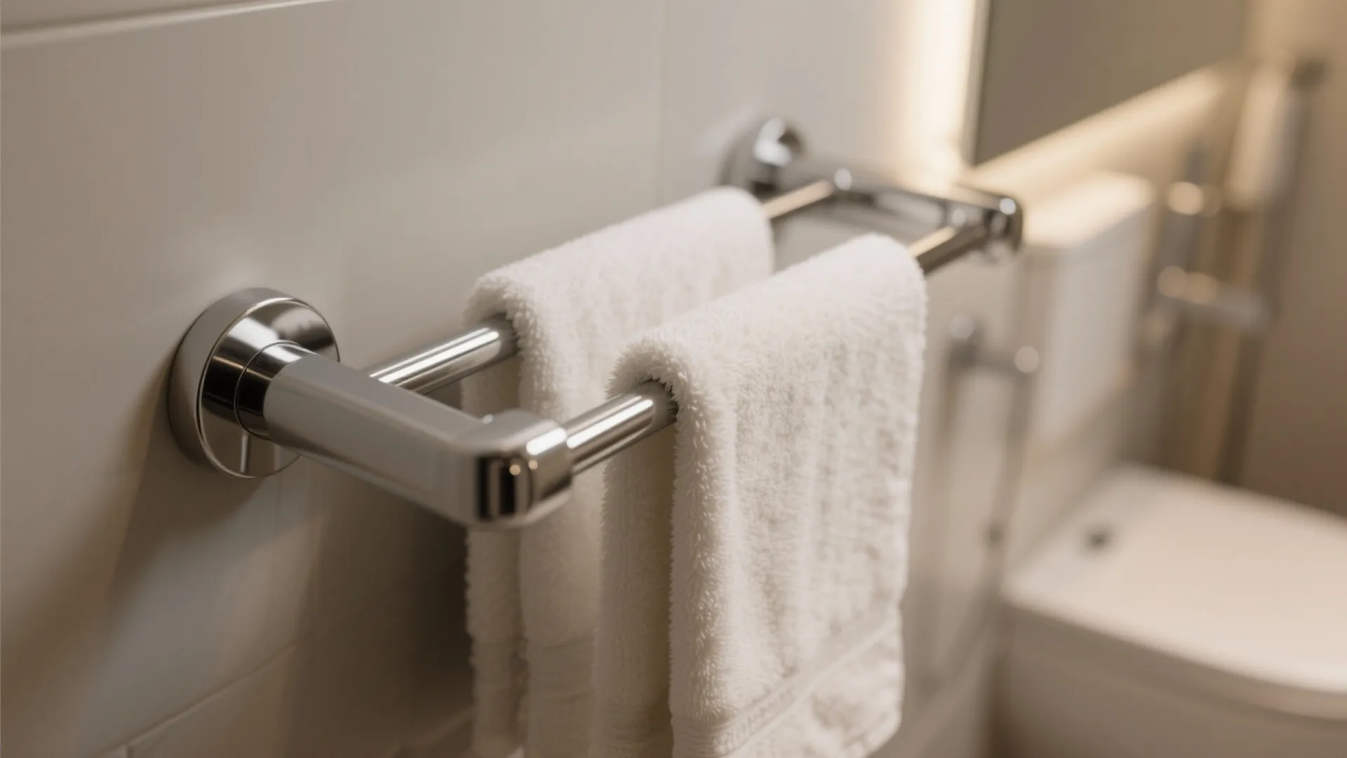 Close-up of chrome heated towel rack with white towels