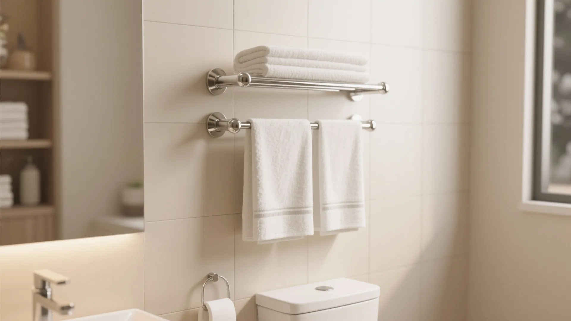Clean white bathroom wall with chrome towel rack holding folded towels above a white toilet