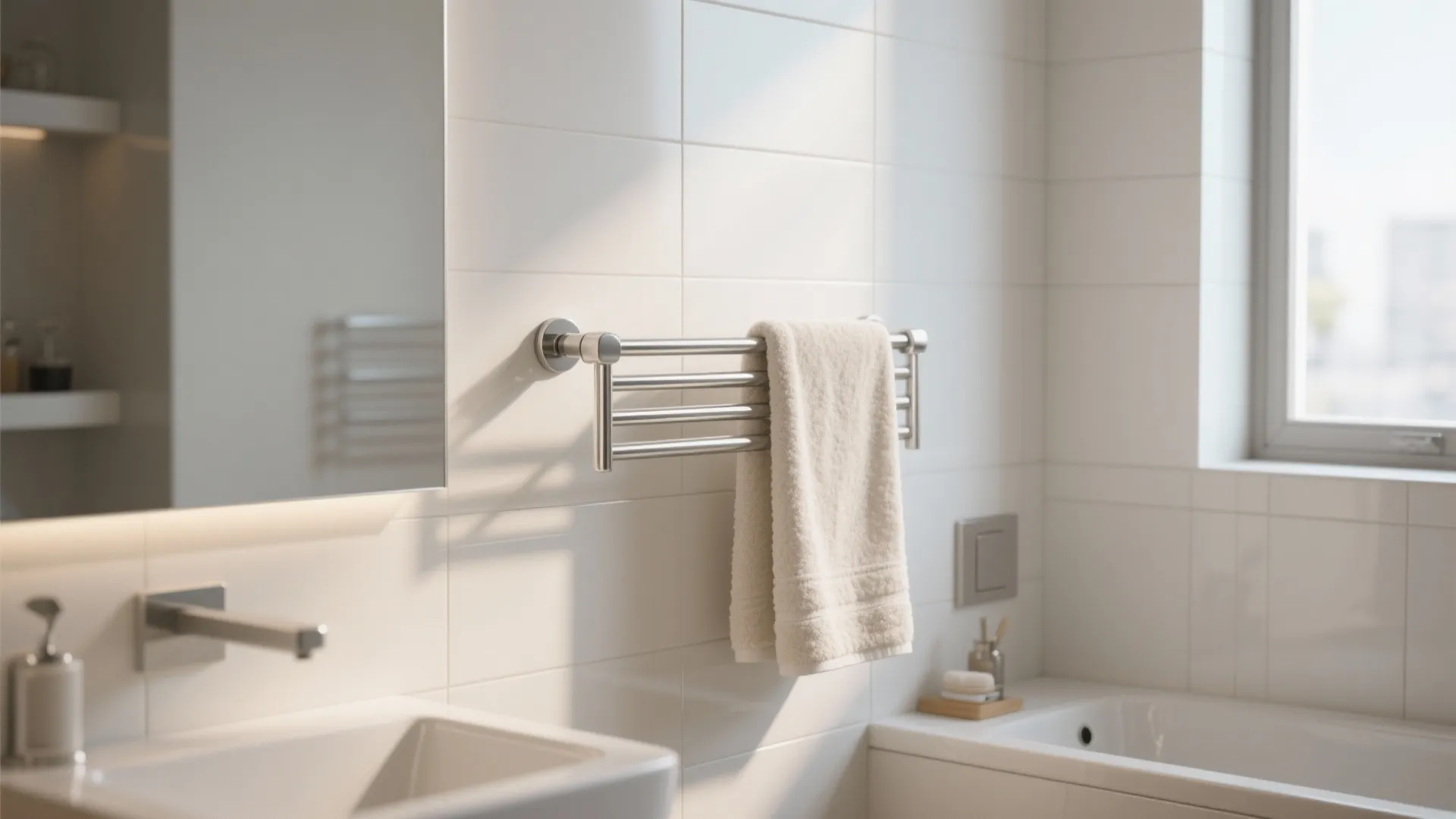 Silver metal towel rack on white tiled wall with hanging towel in a bright bathroom