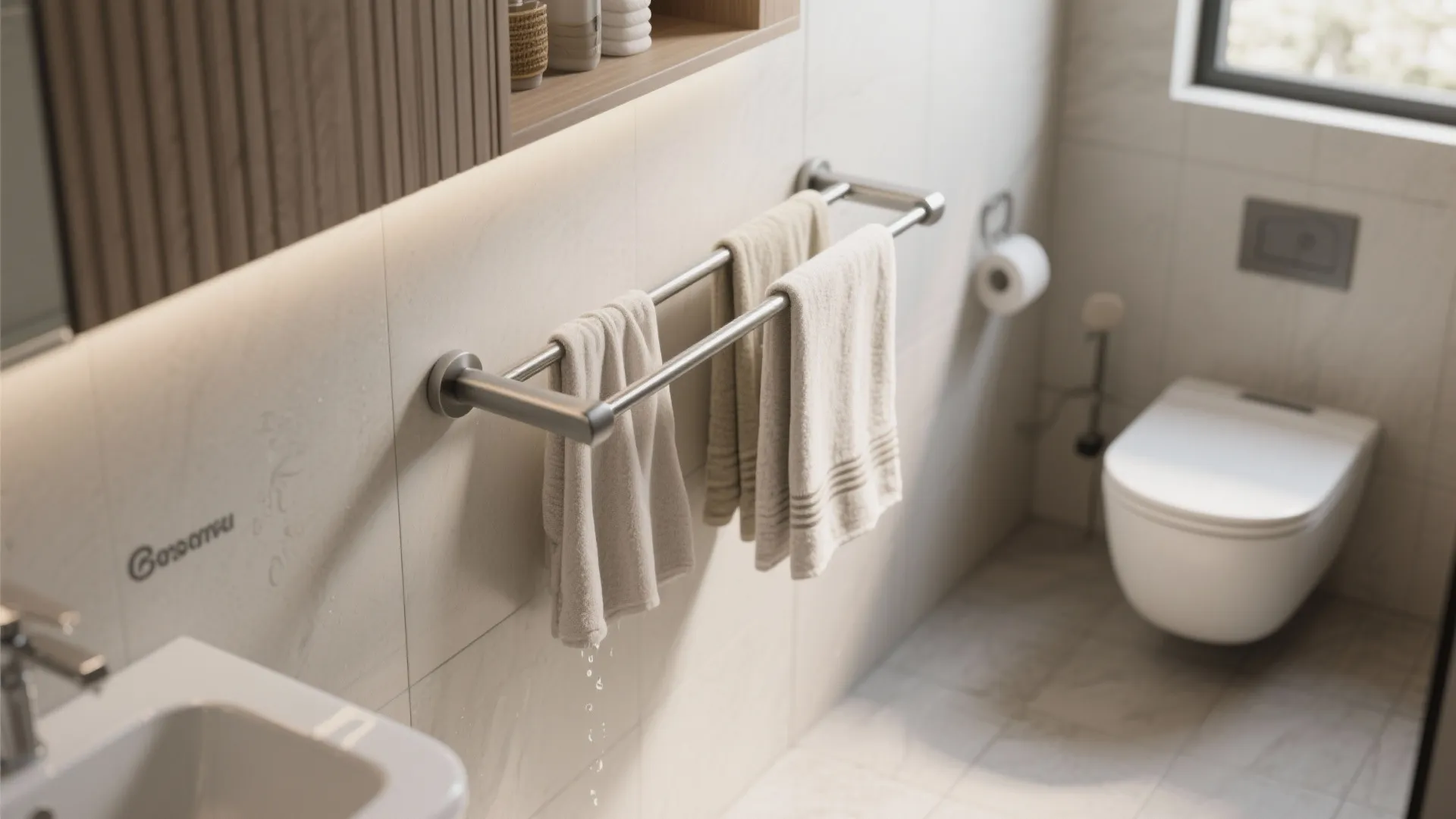 Bright bathroom interior design showing metal towel rail with hanging towels near white toilet bowl