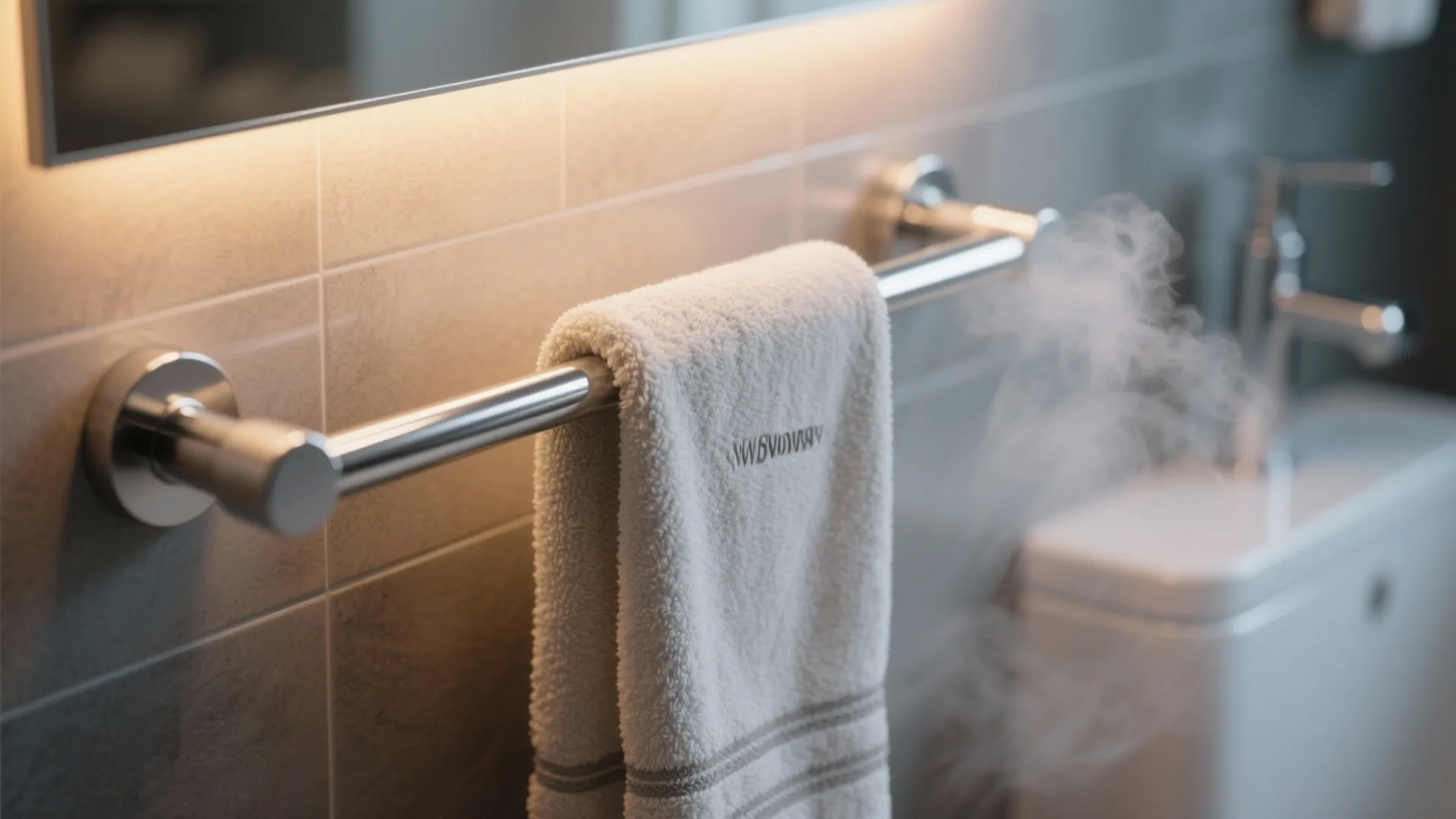 Close up of a steaming white towel hanging on a metal towel rack in bathroom
