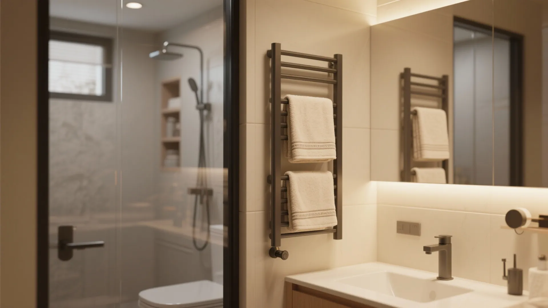 Black wall towel rack holding white towels beside a bathroom sink with warm led mirror lighting