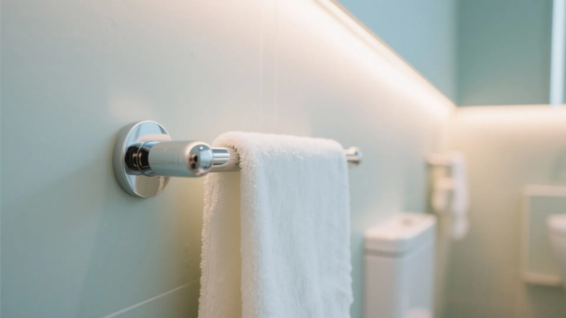 Close up of white towel hanging on chrome towel bar mounted on light green bathroom wall
