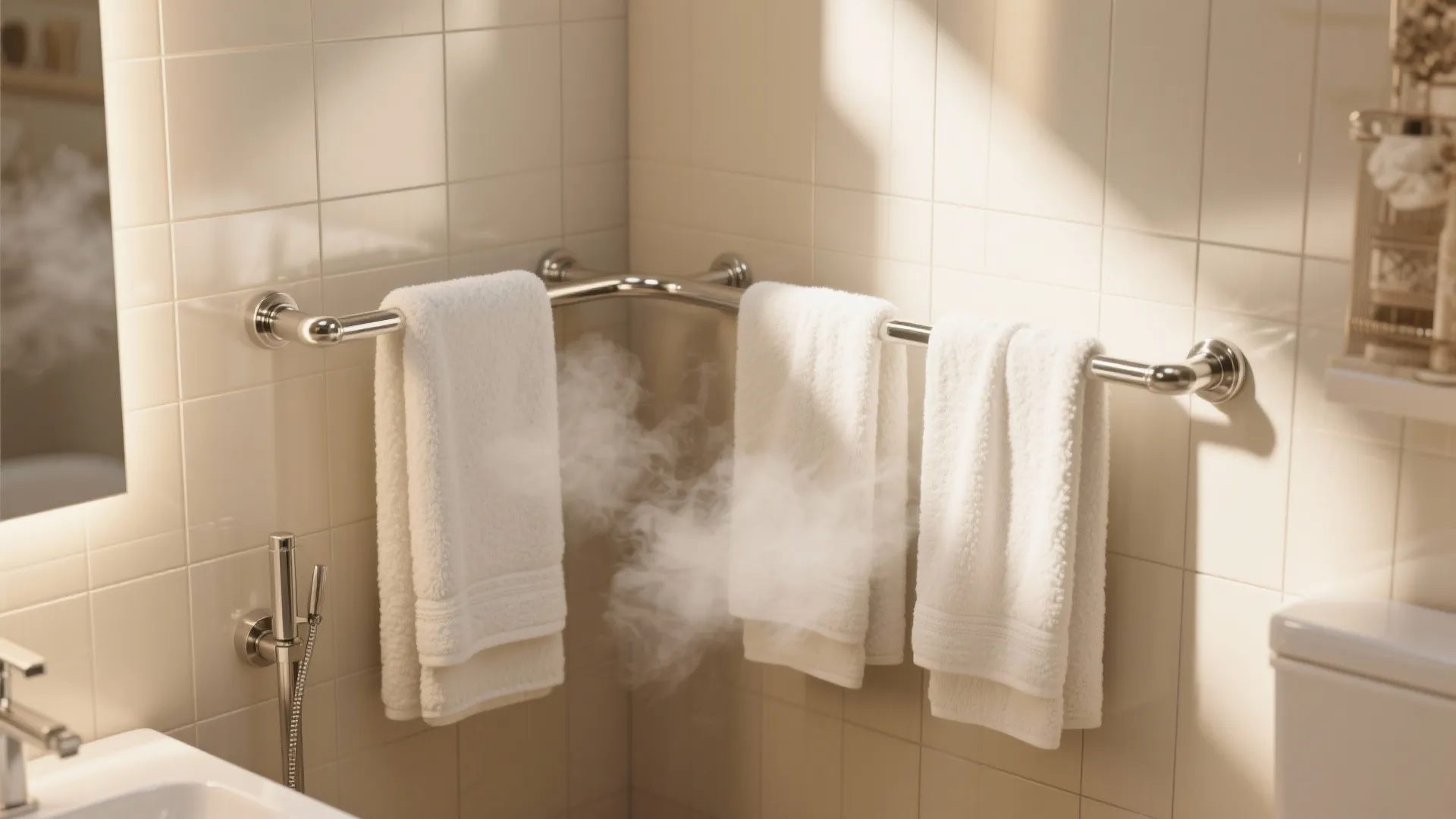 Corner metal heated towel rail with white towels steaming in a bright and warm bathroom