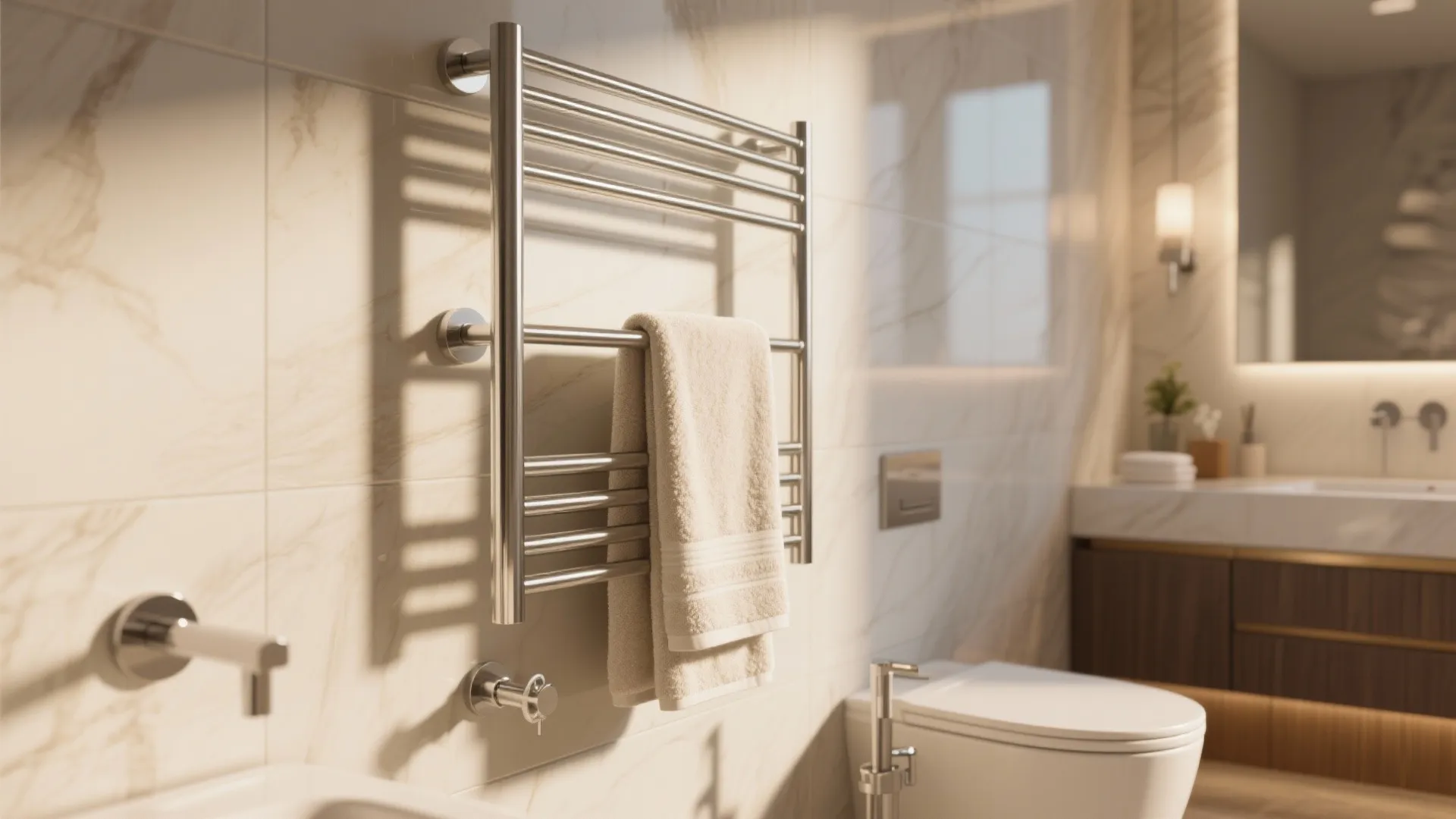 Modern metal heated towel rack on marble wall with beige towel in contemporary bathroom interior