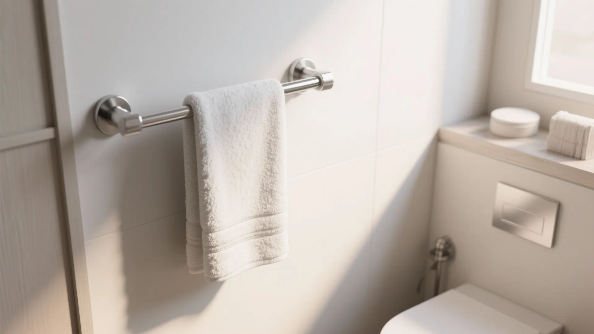 Metal bathroom wall rack with white towel hanging in a bright bathroom near the toilet