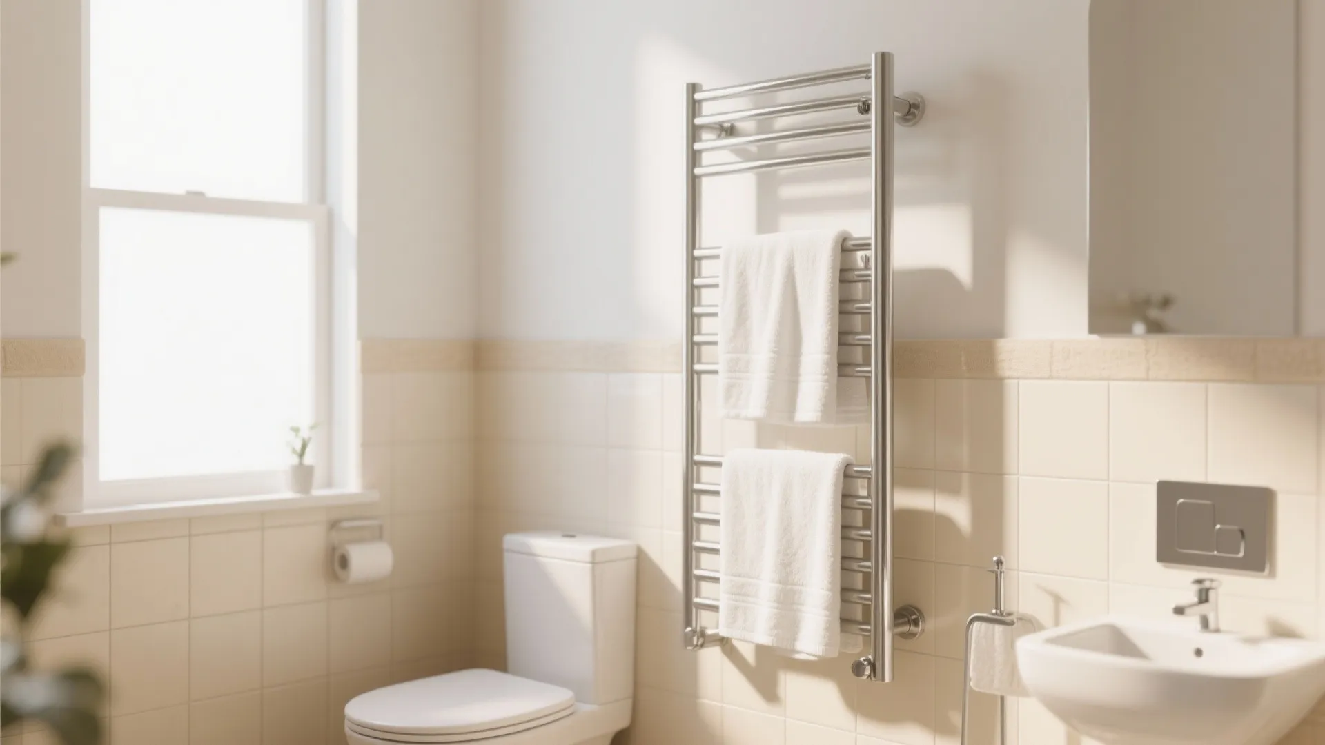 Vertical heated towel rail with chrome finish in small bathroom
