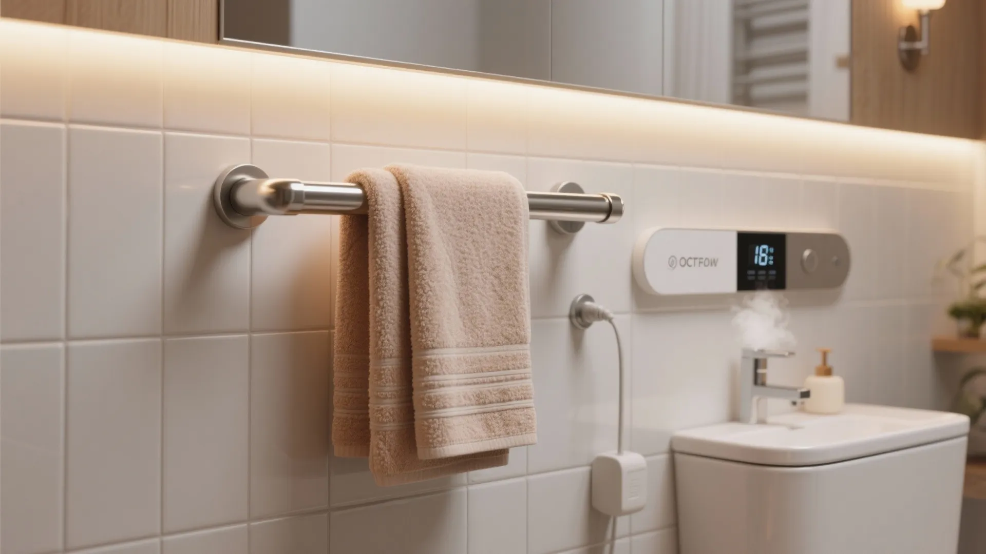 Sleek heated towel rail with warm towels and a visible timer in a spa-like bathroom setting.
