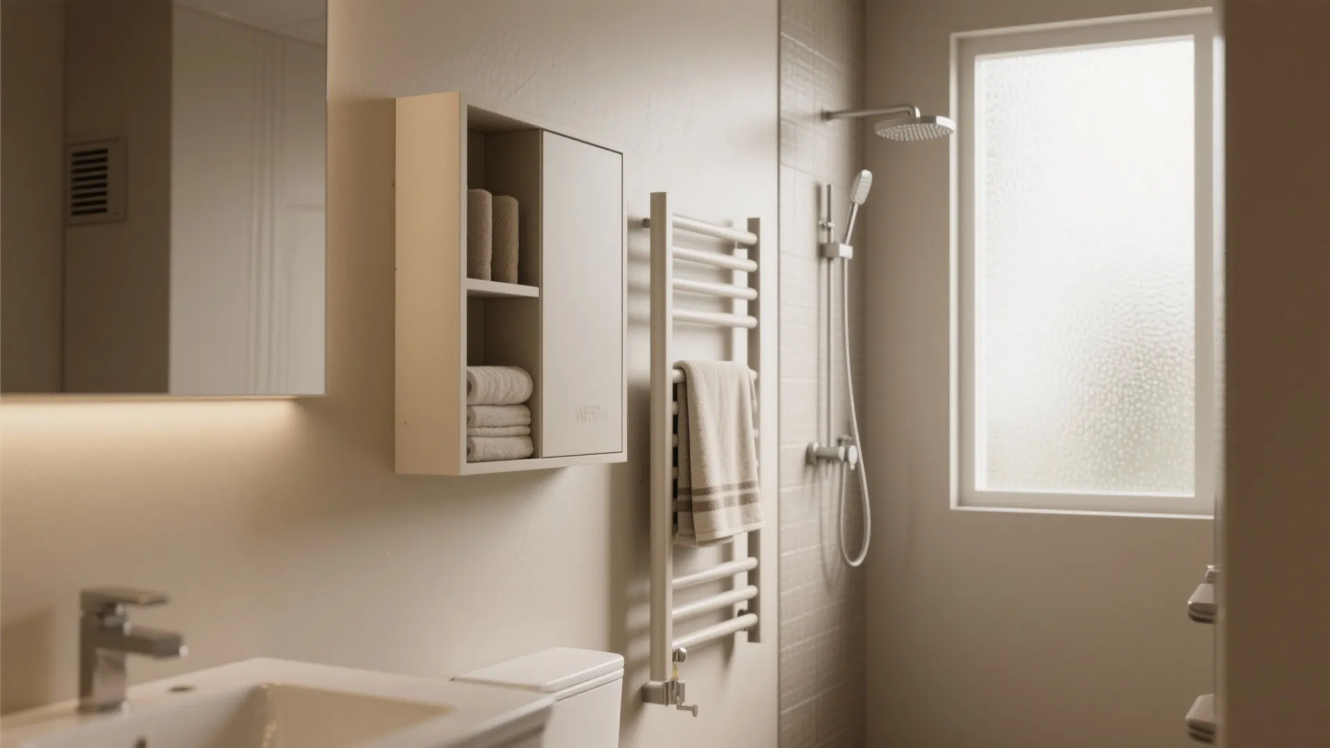Modern bathroom with white wall cabinet, heated towel rack, shower head, sink, and natural light