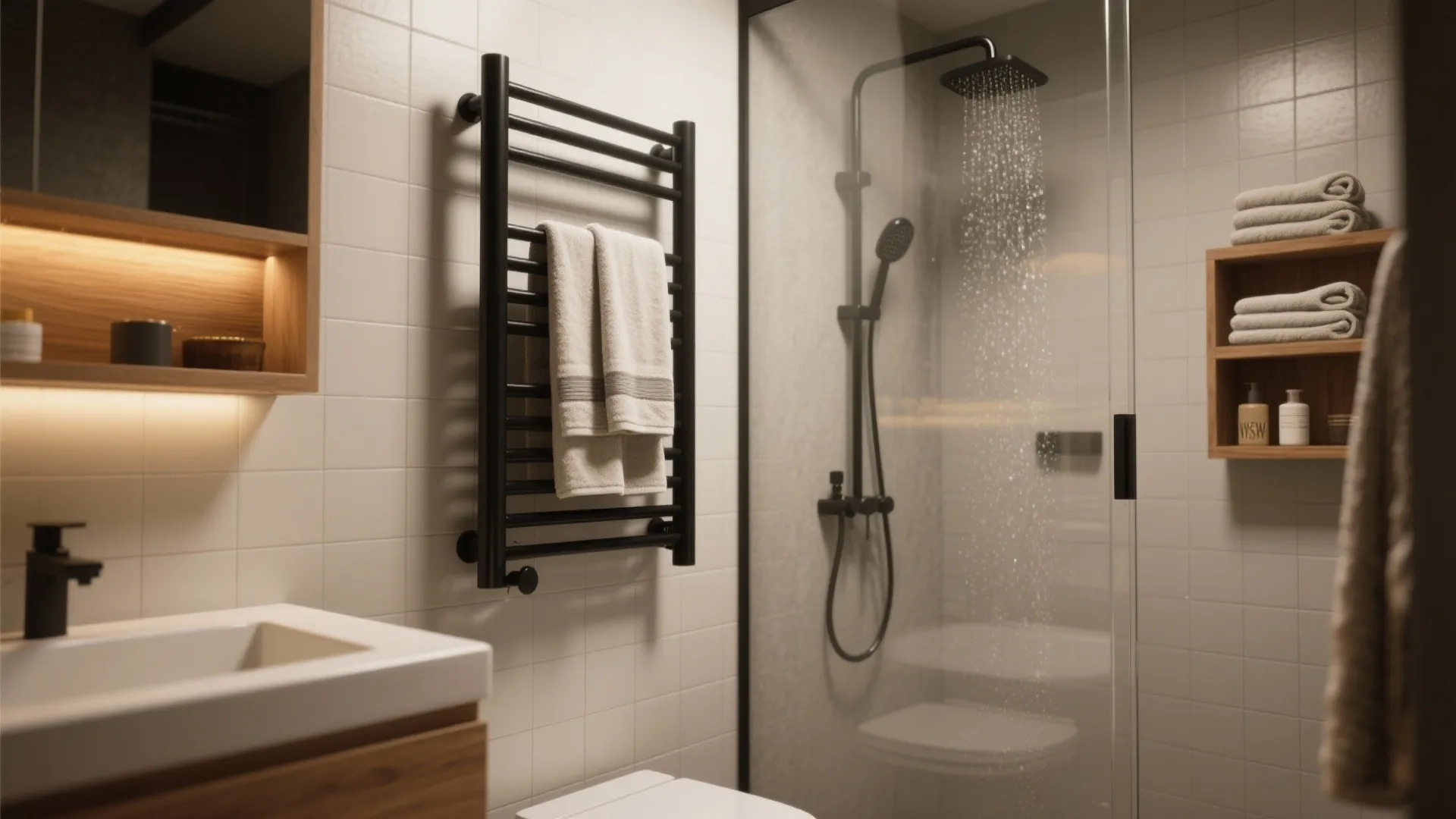 Modern bathroom interior featuring black wall heater with white towels and glass door shower stall
