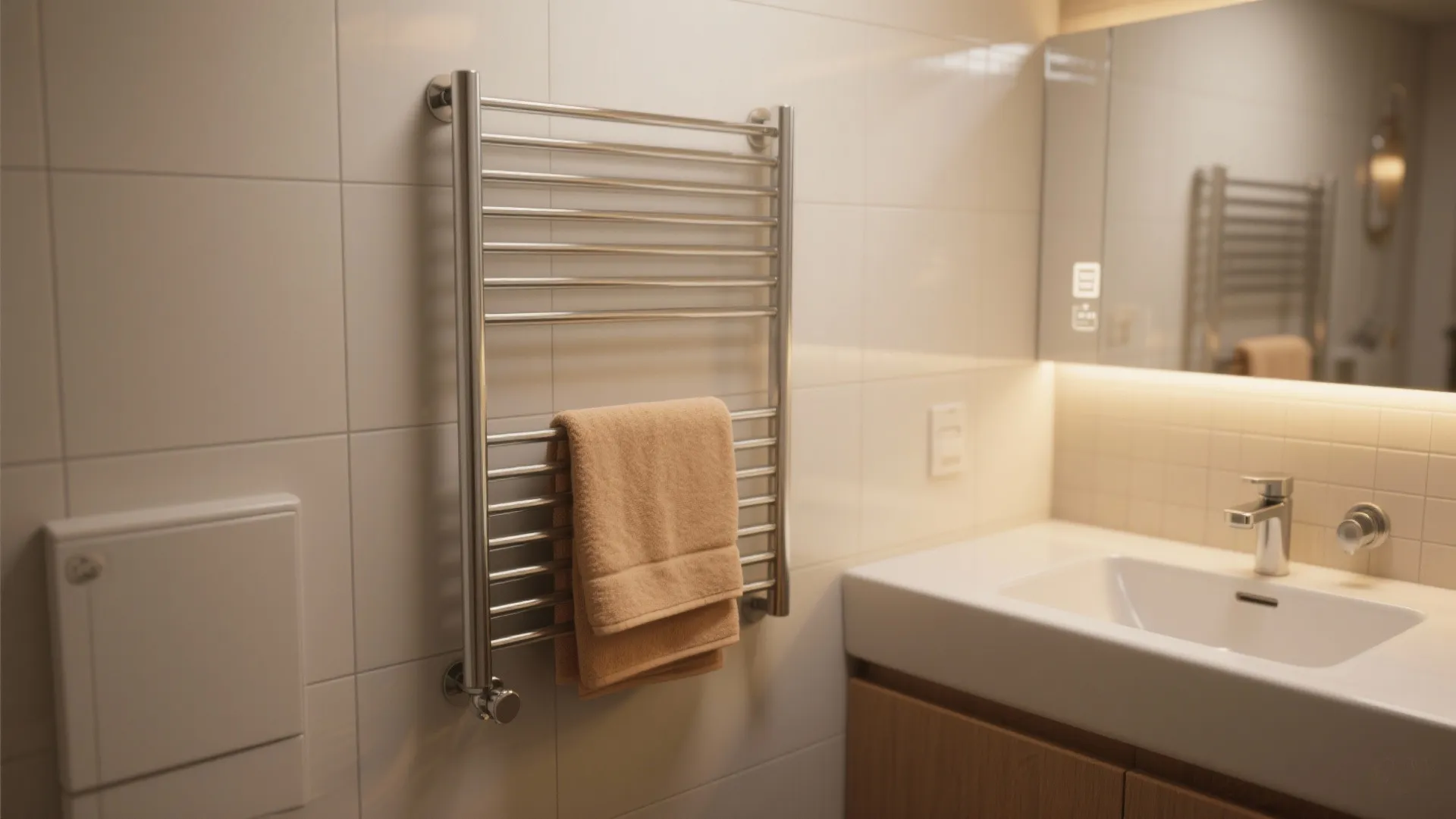 Silver metal towel rail with a beige towel hanging in a modern white tiled bathroom