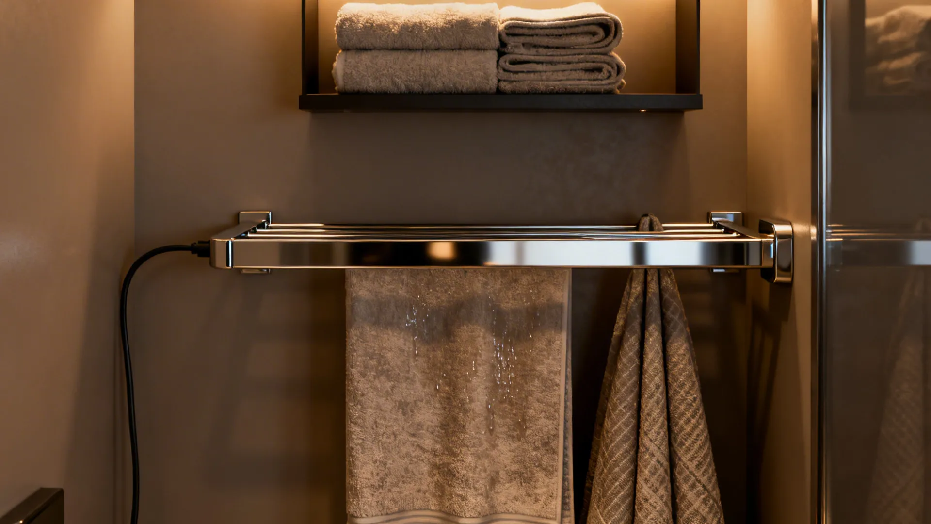 Slim heated towel rail with towels and a small shelf above in a compact bathroom.