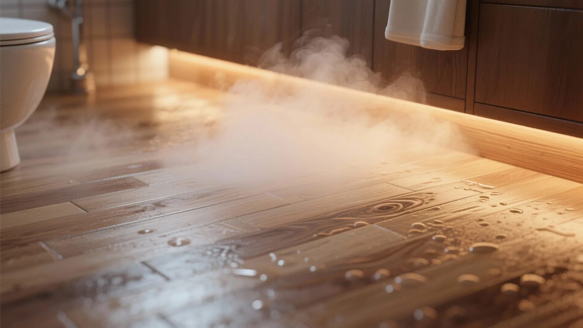 Modern bathroom with warm wood floor showing steam rising from under the dark wooden cabinet
