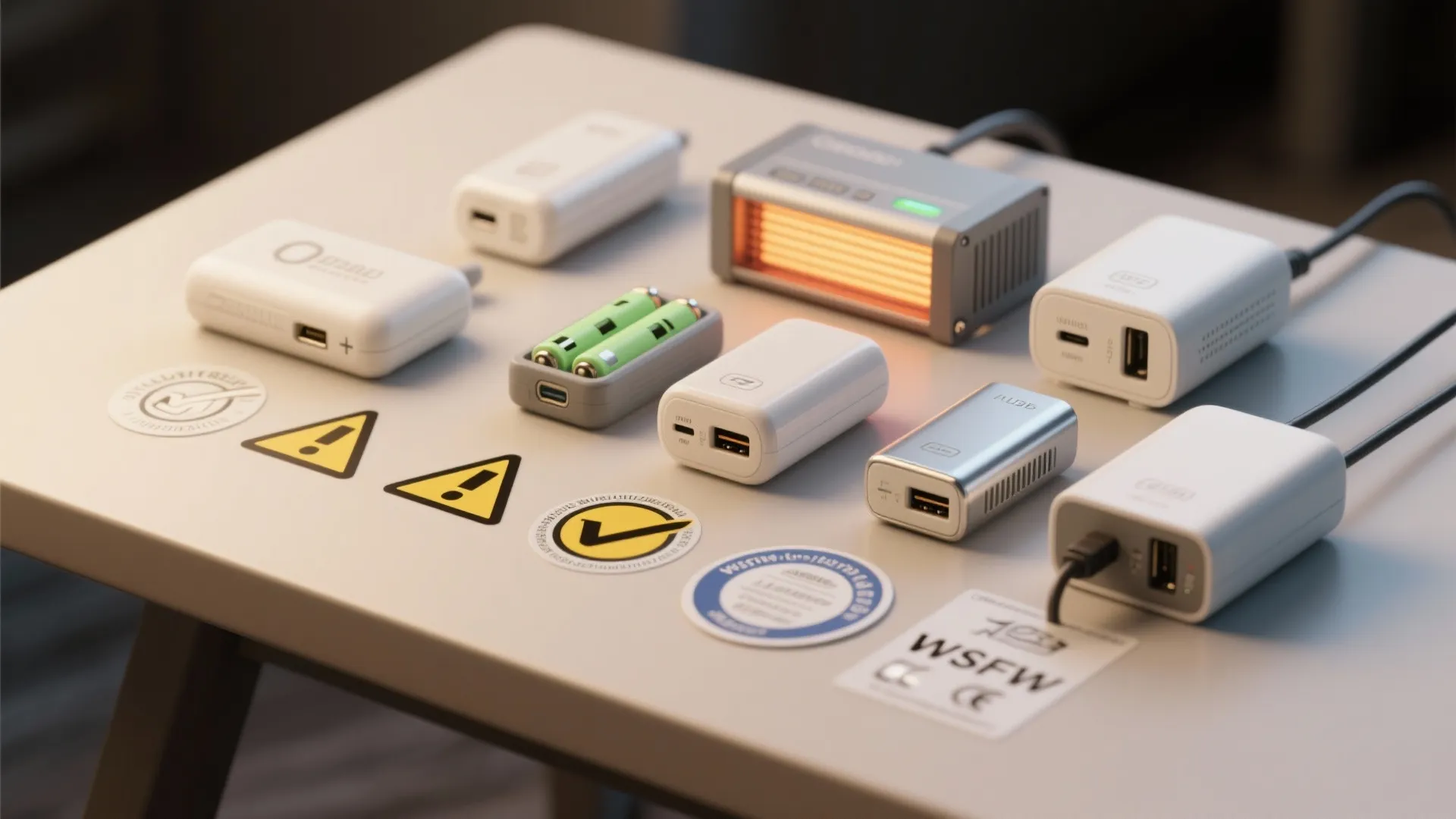 Collection of various white and silver power adapters and batteries on a gray office table