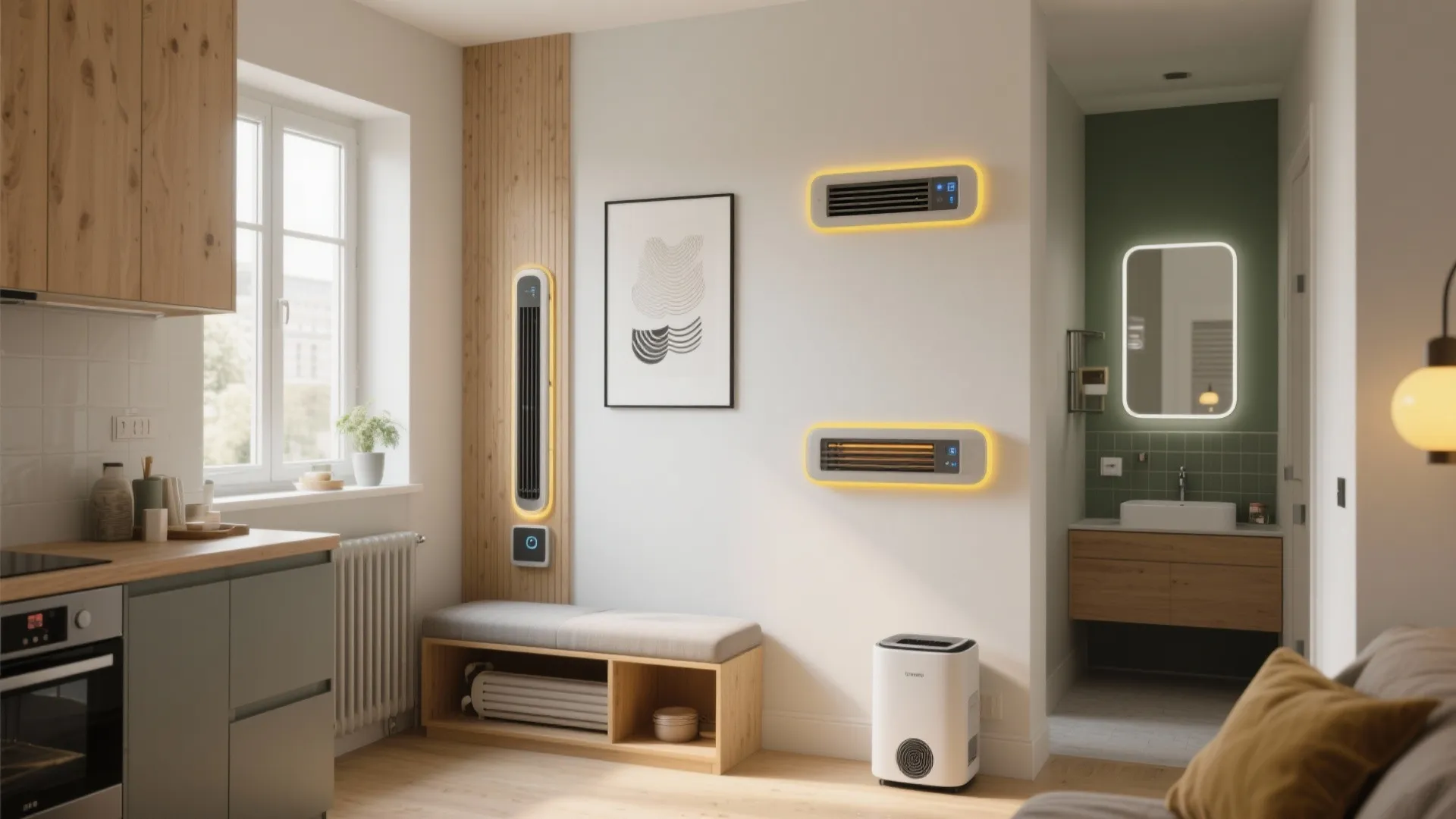 Interior showing various wall mounted heaters with glowing lights and portable heater on the floor