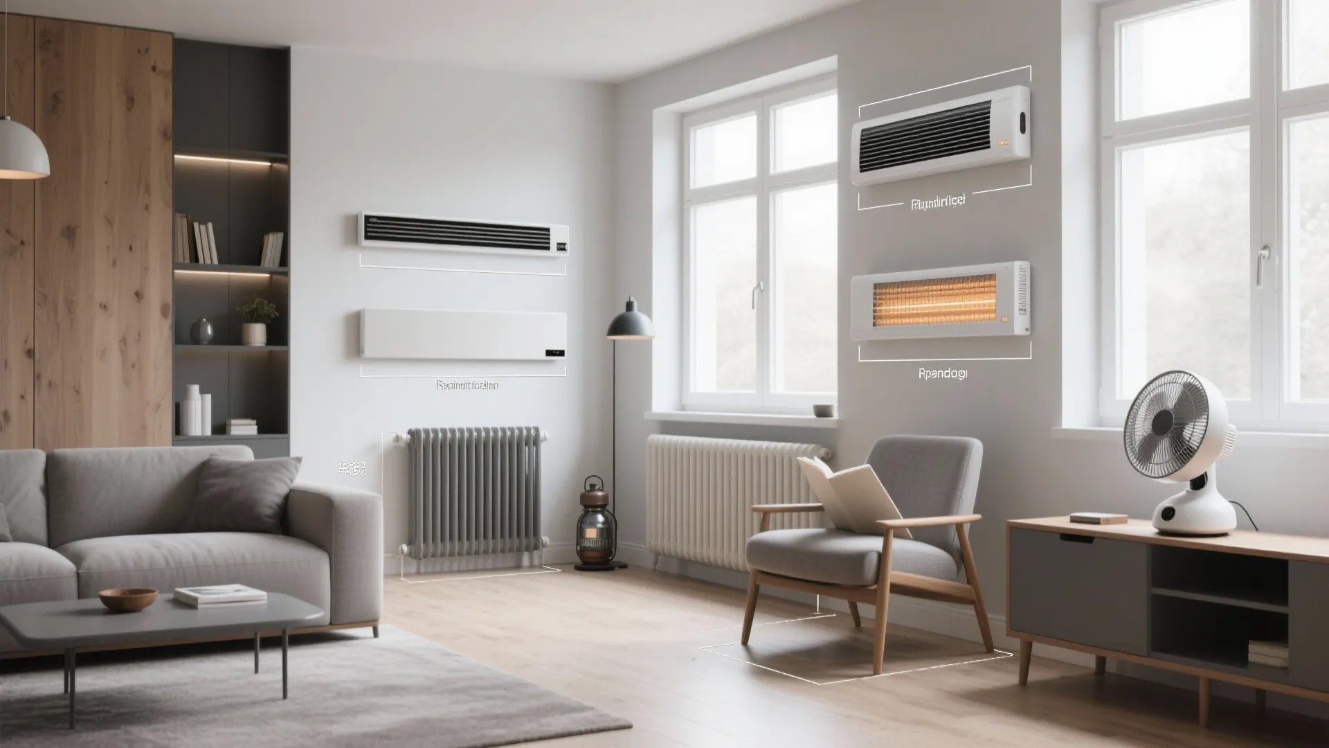 Interior design drawing of living room with heaters, radiator, grey sofa, wooden chair, and windows