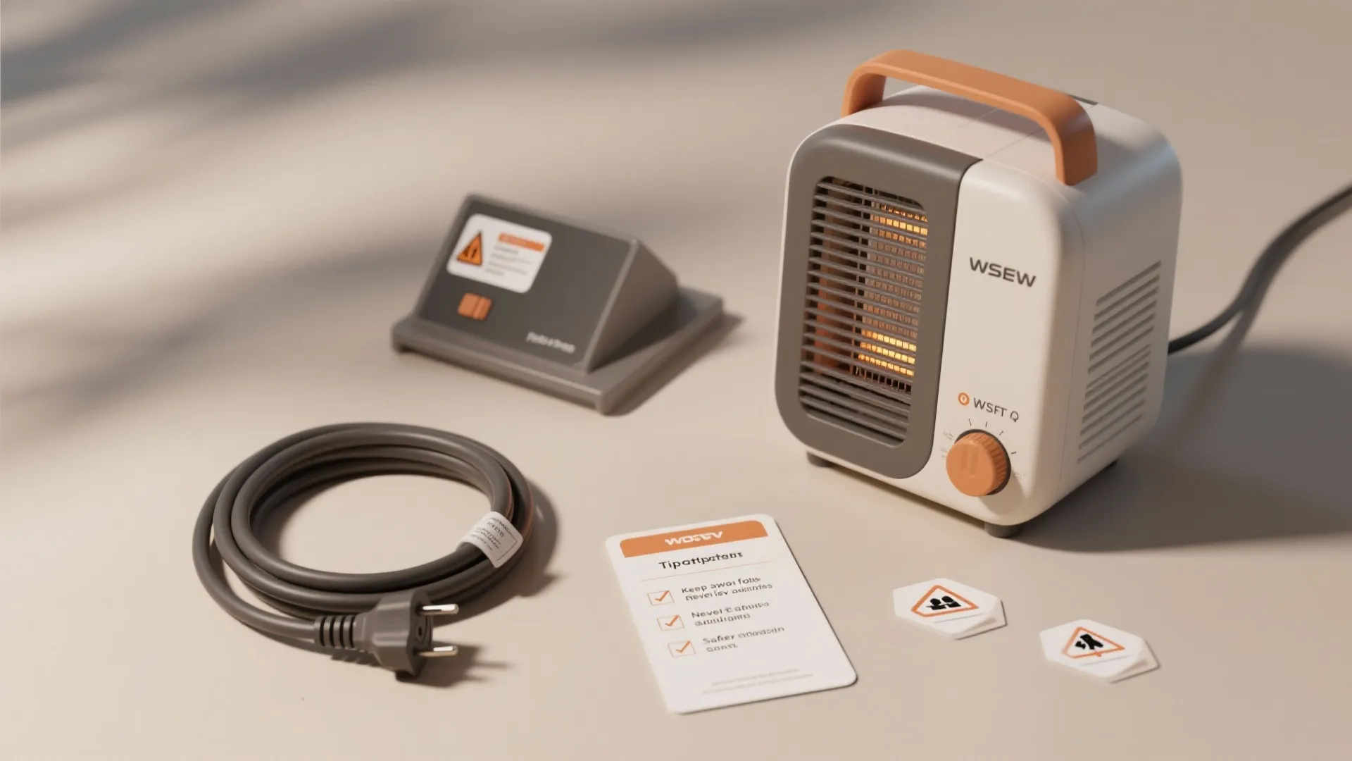 Portable white and orange space heater with power cord and safety instructions on beige flat surface
