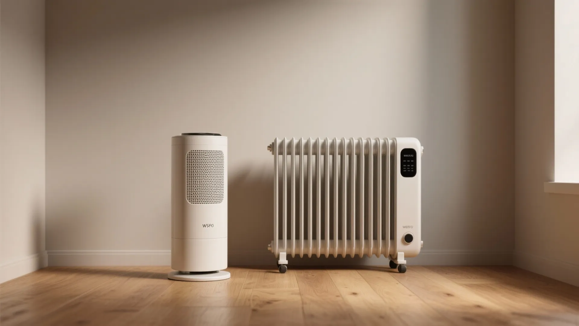 Two types of portable indoor heaters including tall tower fan and white radiator on floor