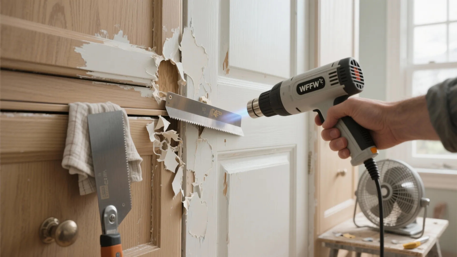 2. Heat gun and scraper for solid, flat doors