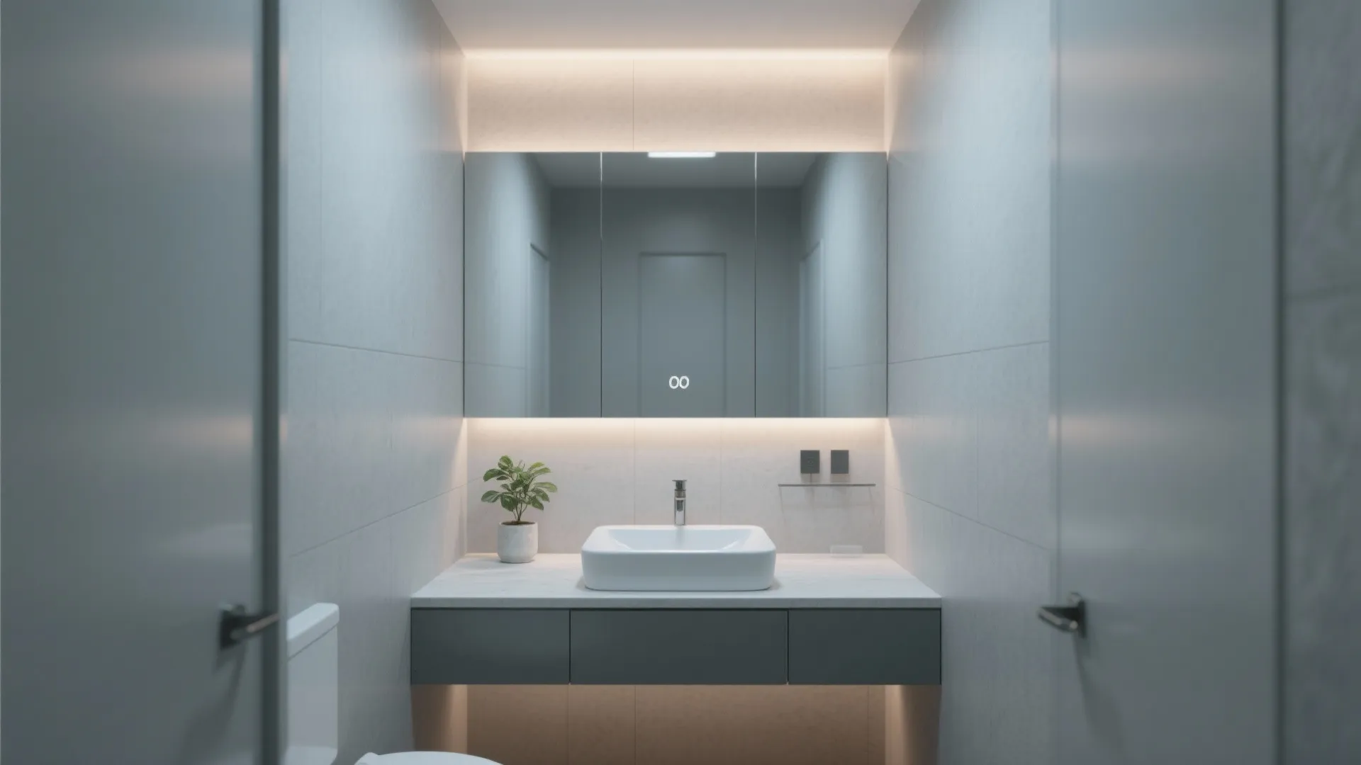 Minimalist grey powder room featuring large light mirror white square sink and small green plant