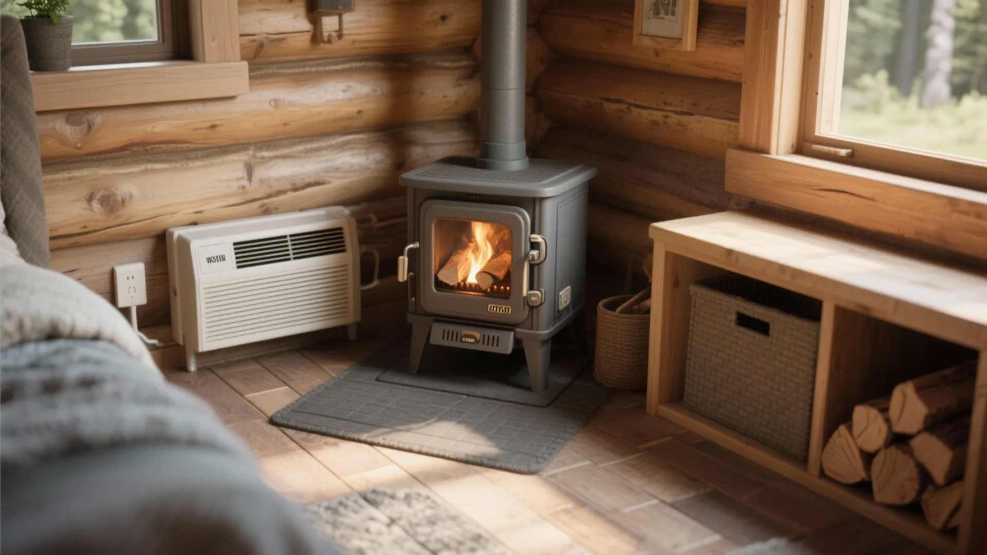 Cozy log cabin corner with black wood stove fireplace electric heater and wooden storage shelves