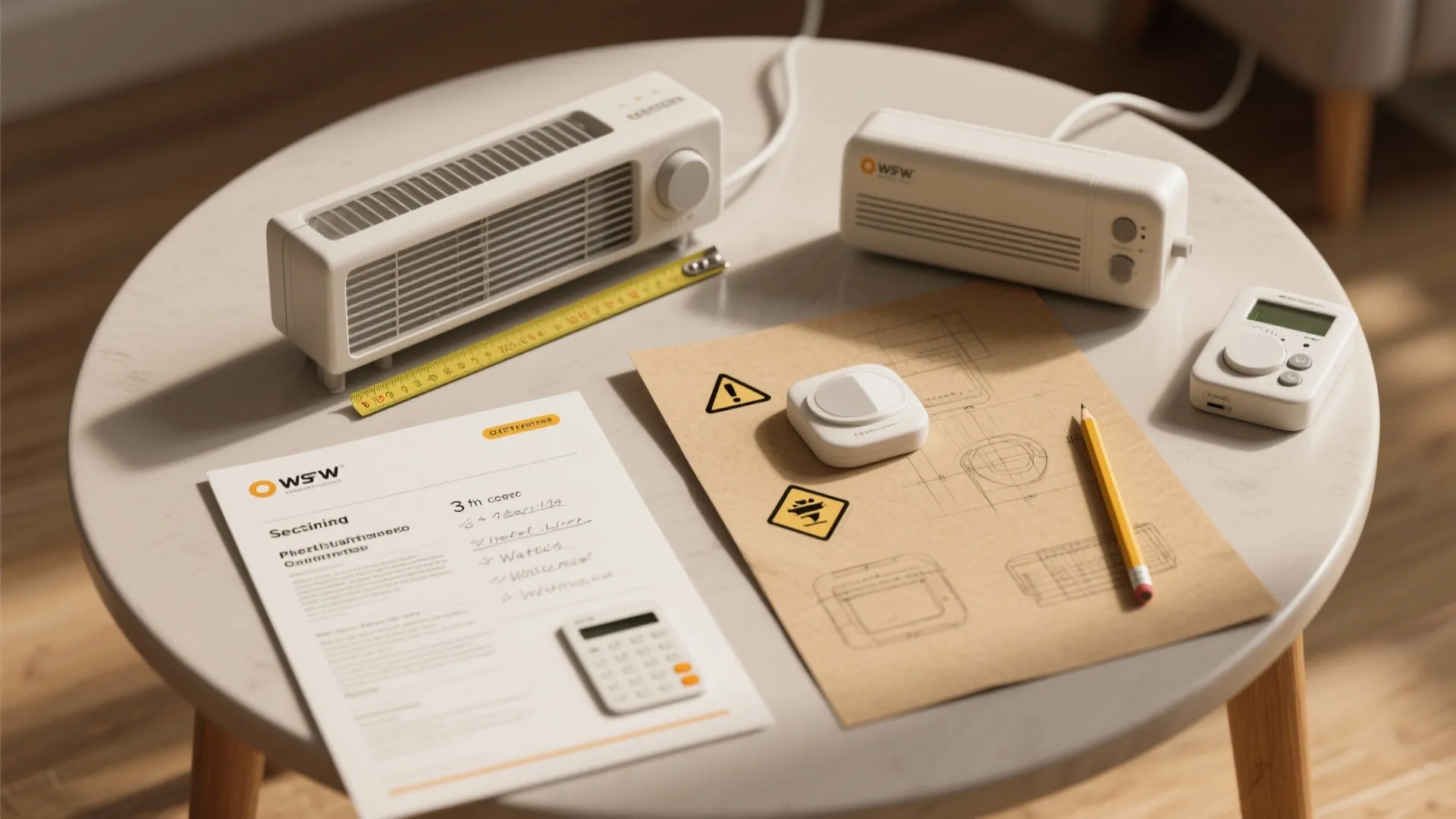 White heaters on a round table with measuring tape pencil calculator and interior design drawing plans