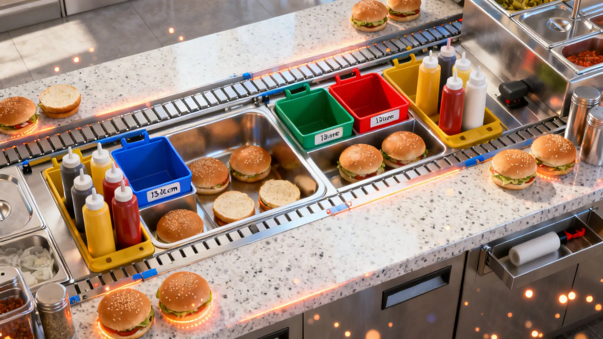 Top-down assembly station with high-use items closest and low-use items at the edges.