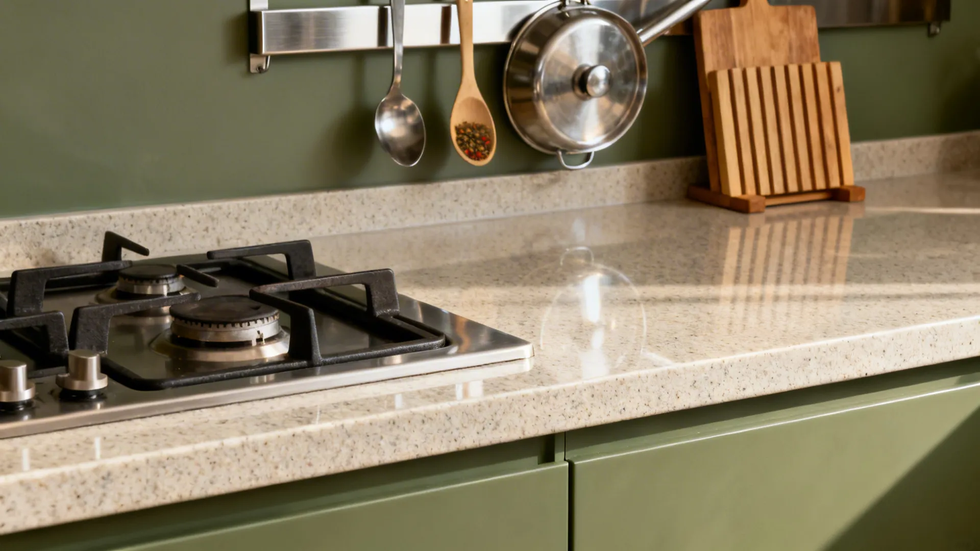 Heat‑resistant worktops with integrated utility rails