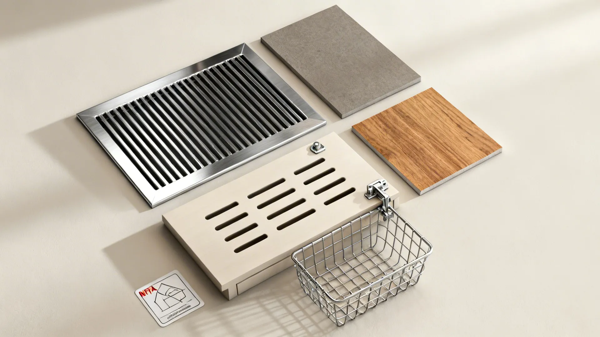 Flat lay of a brushed stainless heat shield, vented cabinet panel, laminate, oak veneer, and hardware.