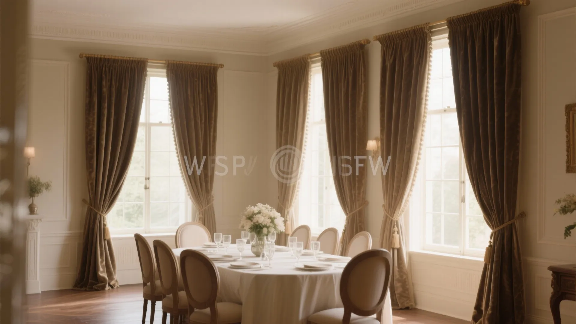Classic dining room with long brown curtains, white table setting, wooden chairs, and bright windows