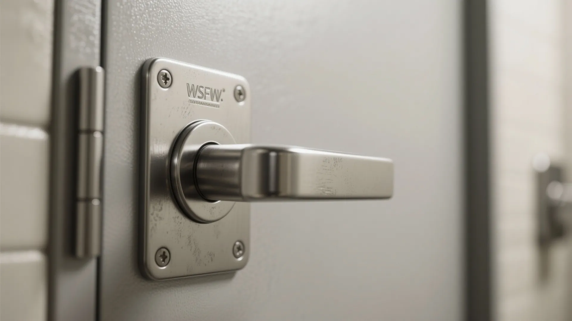 Industrial style silver door handle attached to a grey door with four visible metal mounting screws