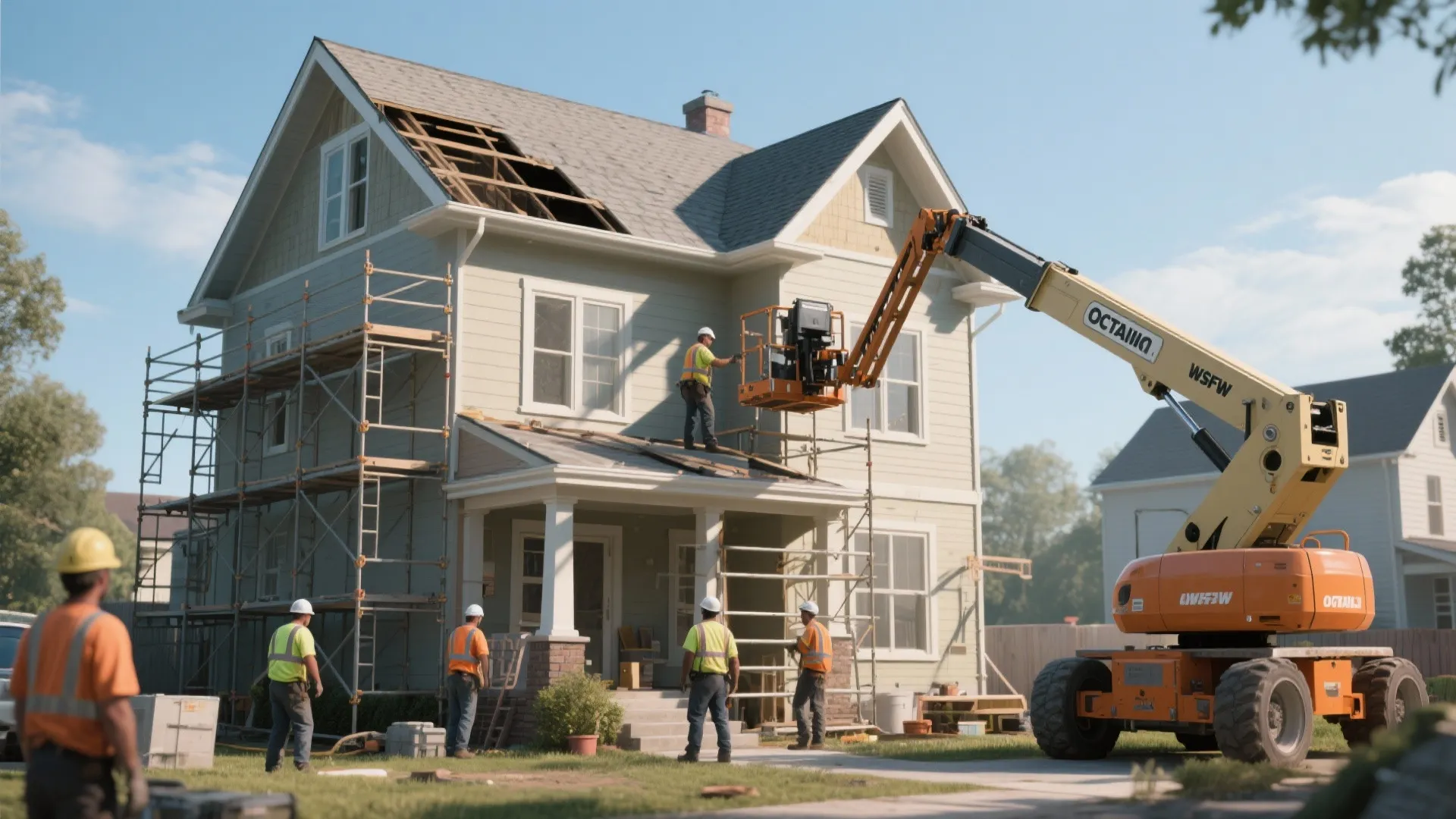 Construction workers using a crane and scaffolding to repair the roof of a large house