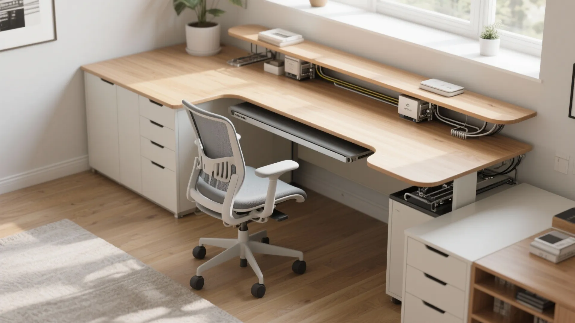 Minimalist home office with wooden corner desk white chair shelf and bright natural window light